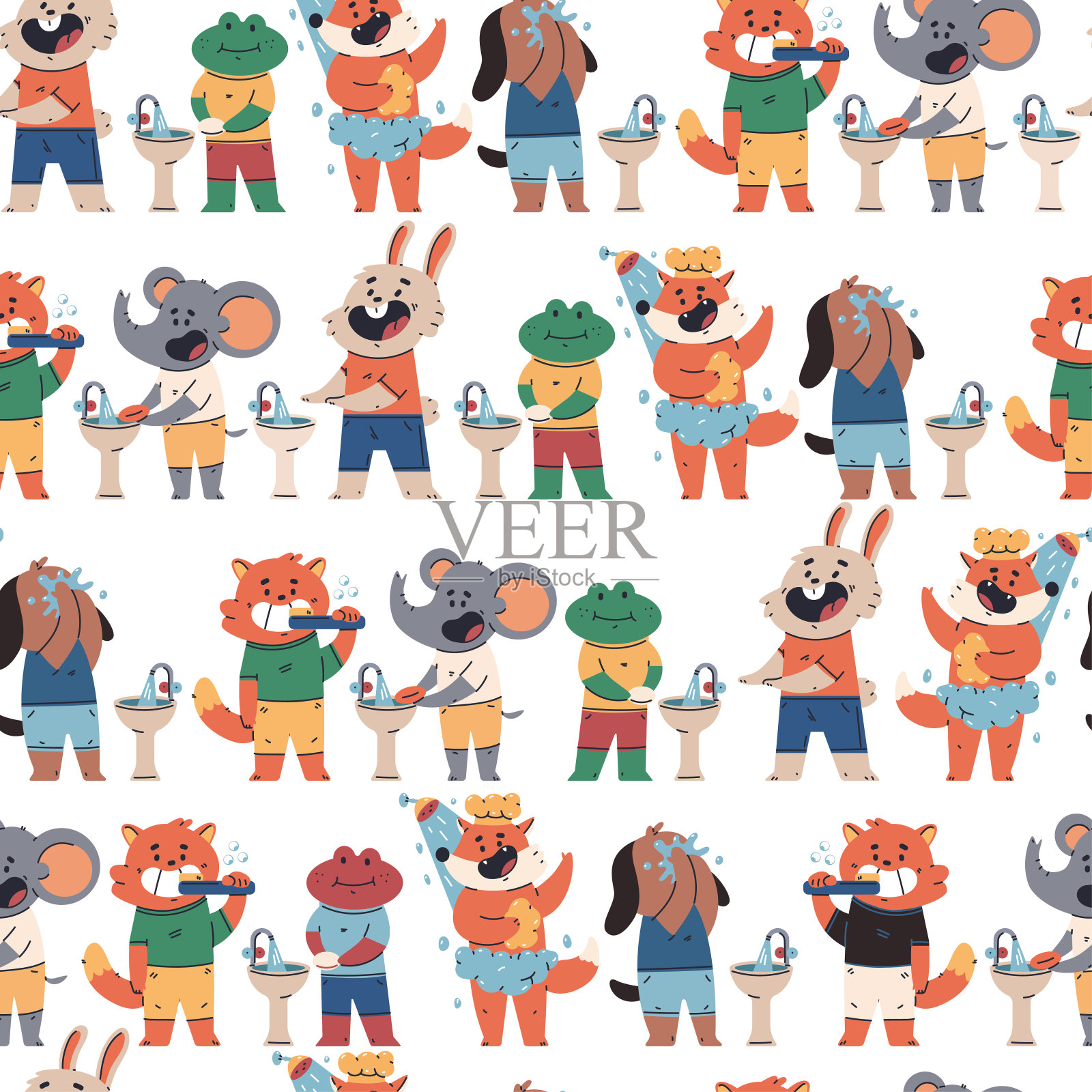 婴儿动物卫生矢量卡通无缝图案背景壁纸,包装,包装和背景。插画图片素材