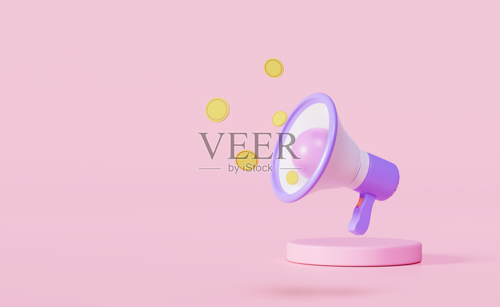 3d扩音器,手扬声器与圆柱体讲台,硬币隔离在粉红色的背景。商业金融,银行,投资概念,3d渲染插图照片摄影图片