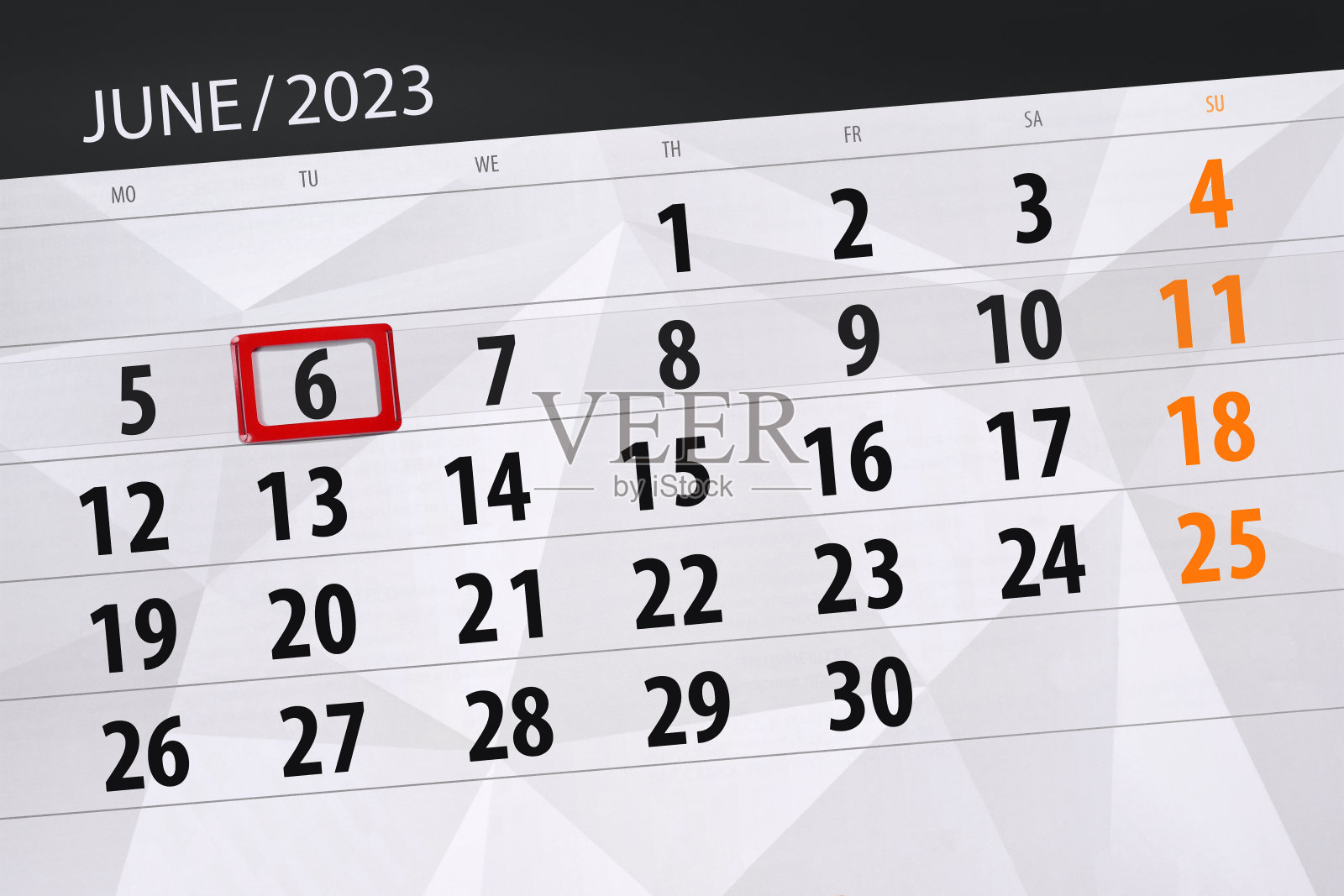 2023年日历,截止日期,日期,月,页,组织者,日期,6月,星期二,6号插画图片素材