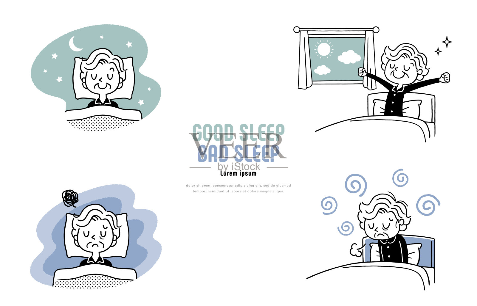 矢量插图:就寝时间,醒来,睡觉,醒来,高级妇女插画图片素材