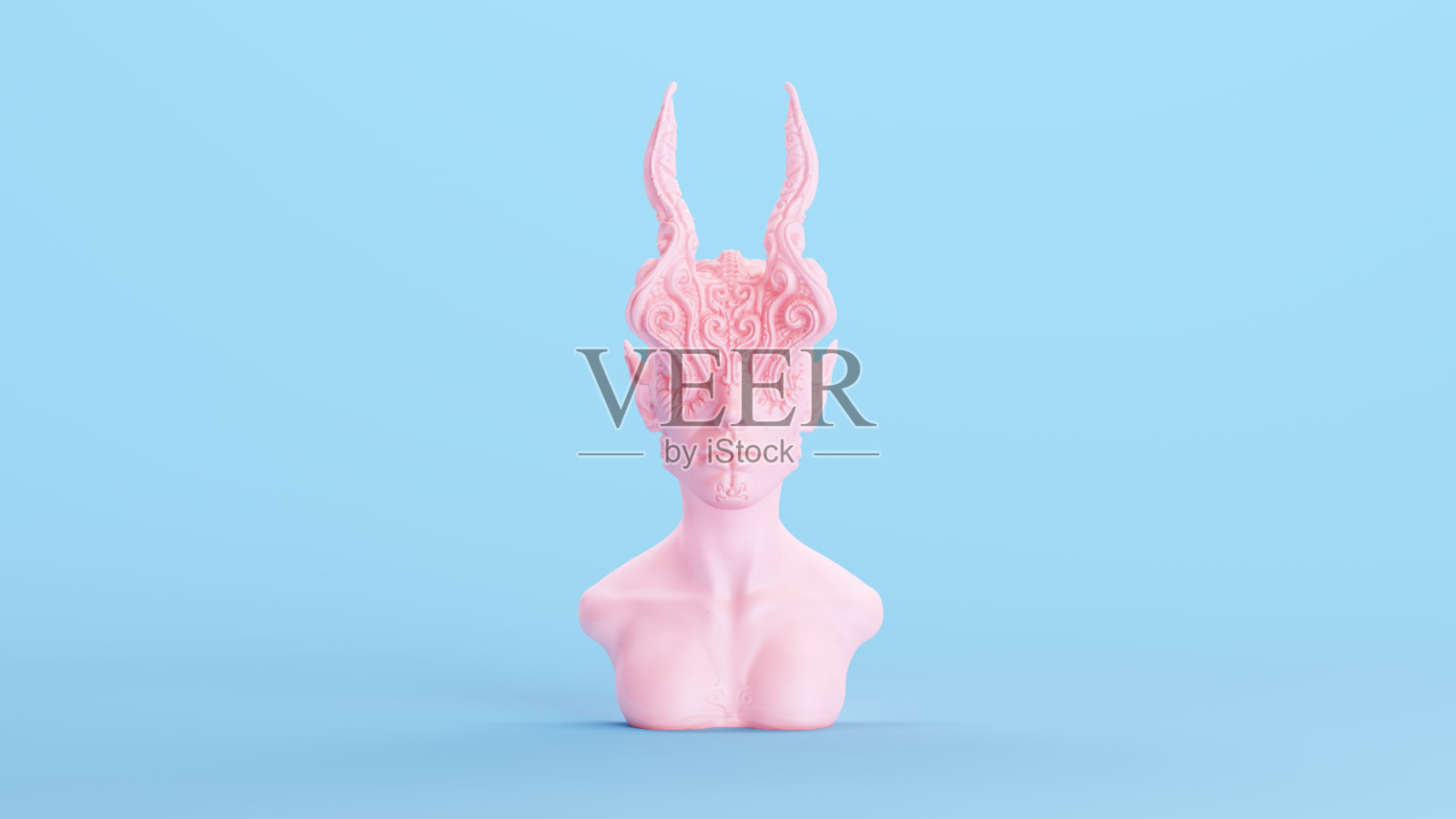 粉红色恶魔恶魔女王半身像万圣节神秘装饰女人角蓝色媚俗背景照片摄影图片