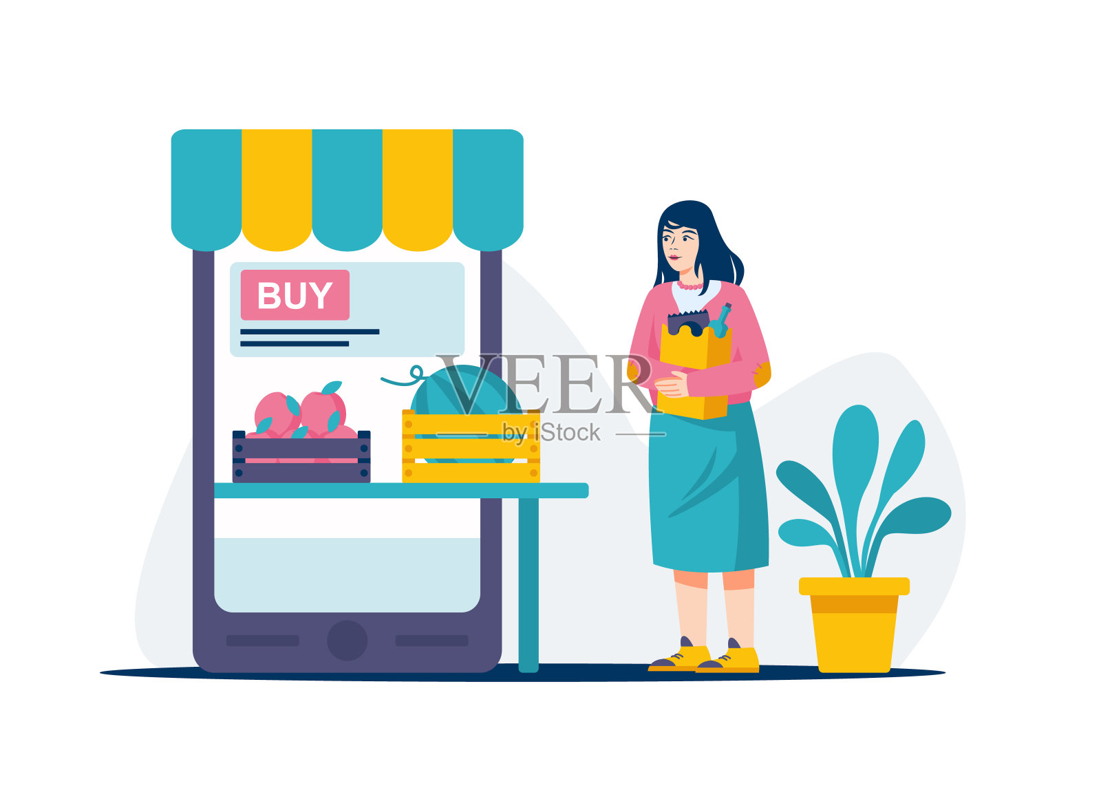 女拿着杂货袋,看着手机屏幕,选择食物插画图片素材