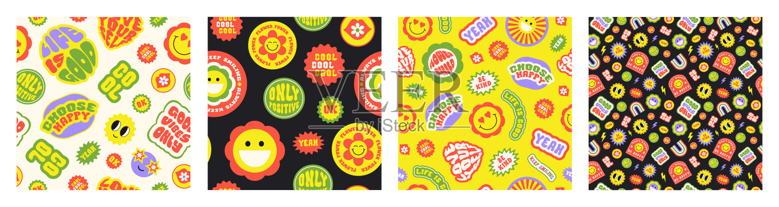 新潮的矢量集彩色卡通贴纸与笑脸和文字在米色,黄色和黑色的背景无缝图案插画图片素材