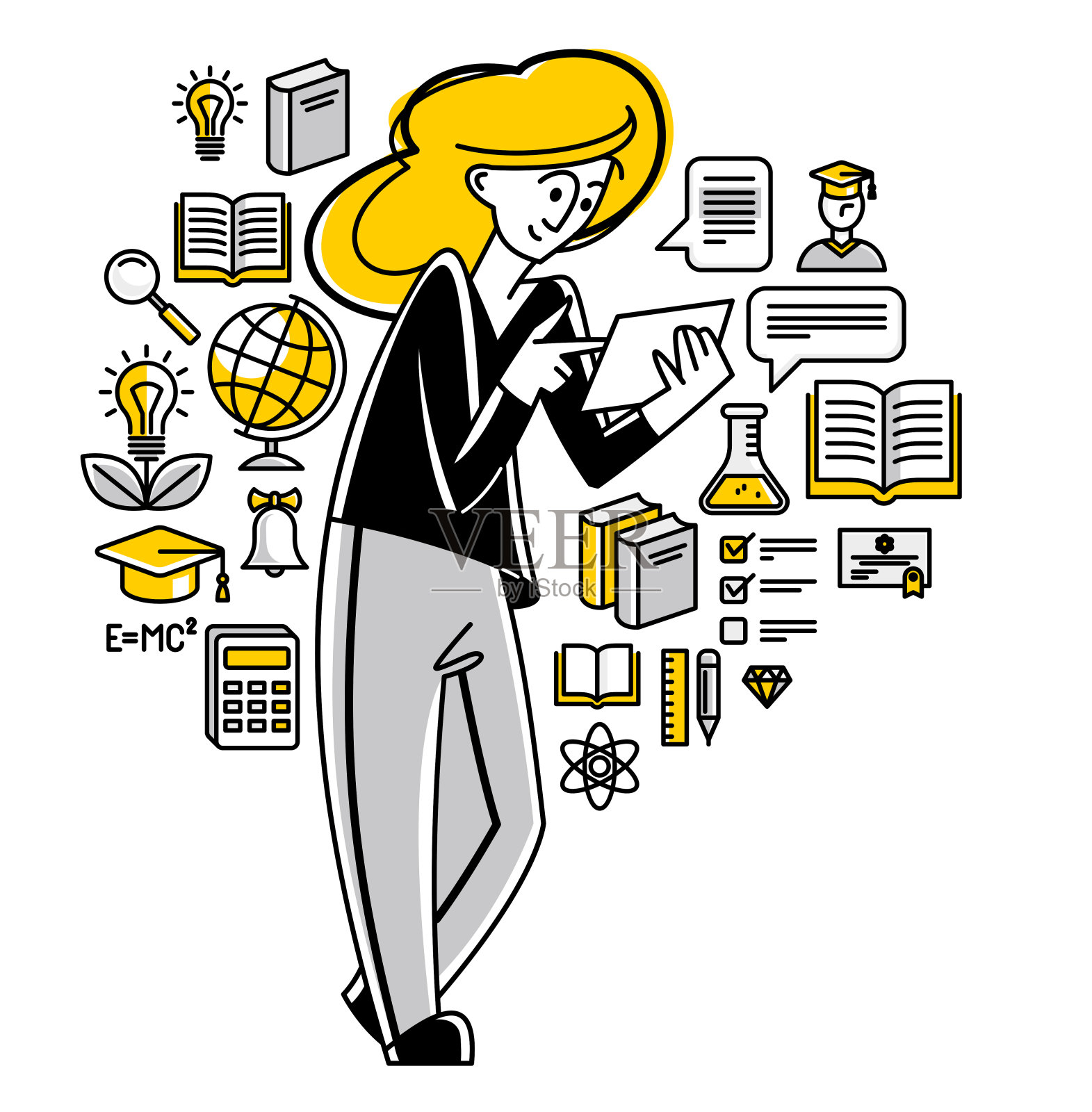 大学或学院的在线教育,学生做作业或准备远程考试,矢量大纲插图,远程学习科学和研究生。插画图片素材