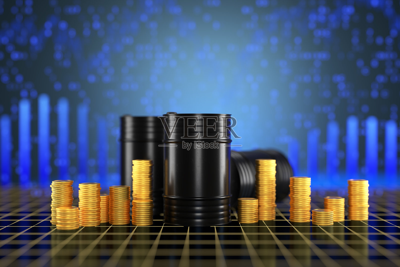 每桶石油的价格。石油、化学品、燃料贸易。装有石油、燃料和化学品的桶。一种化学元素每桶的价格。3 d渲染。照片摄影图片