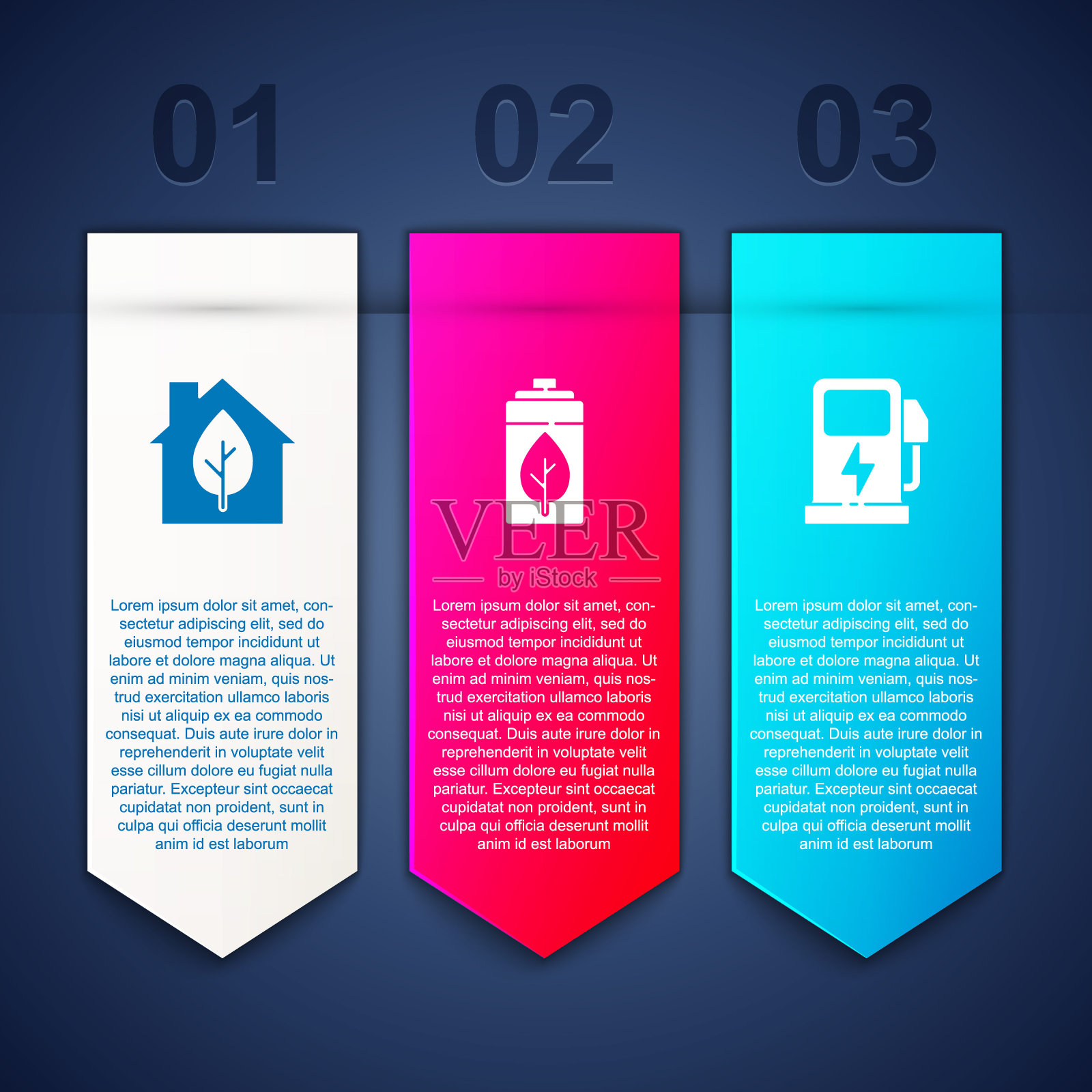 设置环保房屋,自然树叶,电池和电动汽车充电站。业务信息图表模板。向量设计模板素材