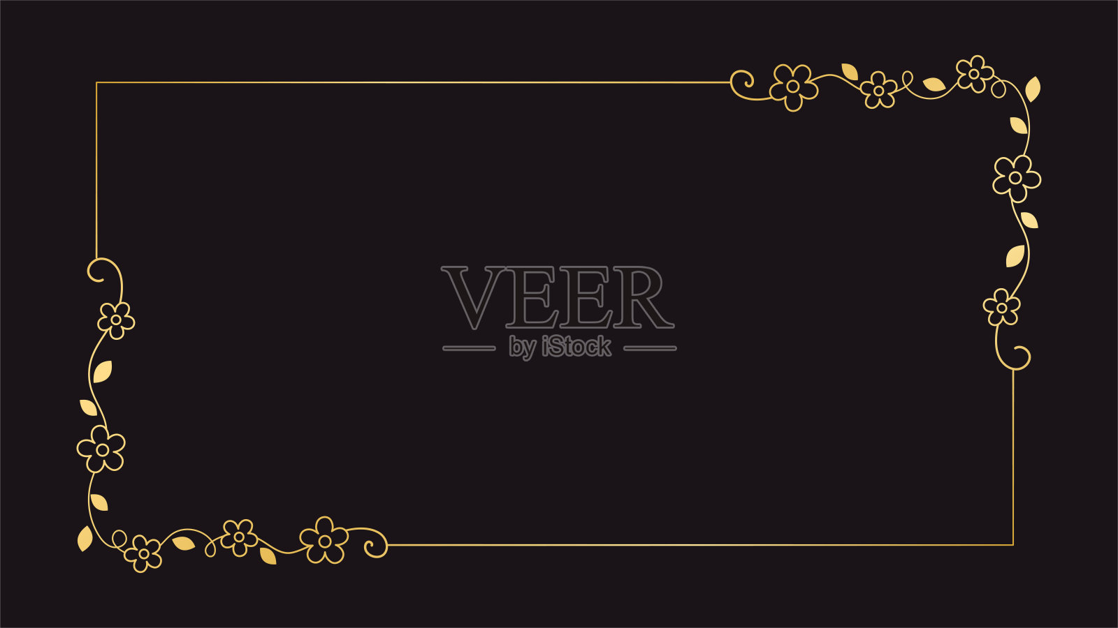 金色矩形花框。简单的线条边框,树叶和花朵,婚礼邀请和卡片,标志设计和海报模板。优雅的最小风格花卉矢量隔离插画图片素材