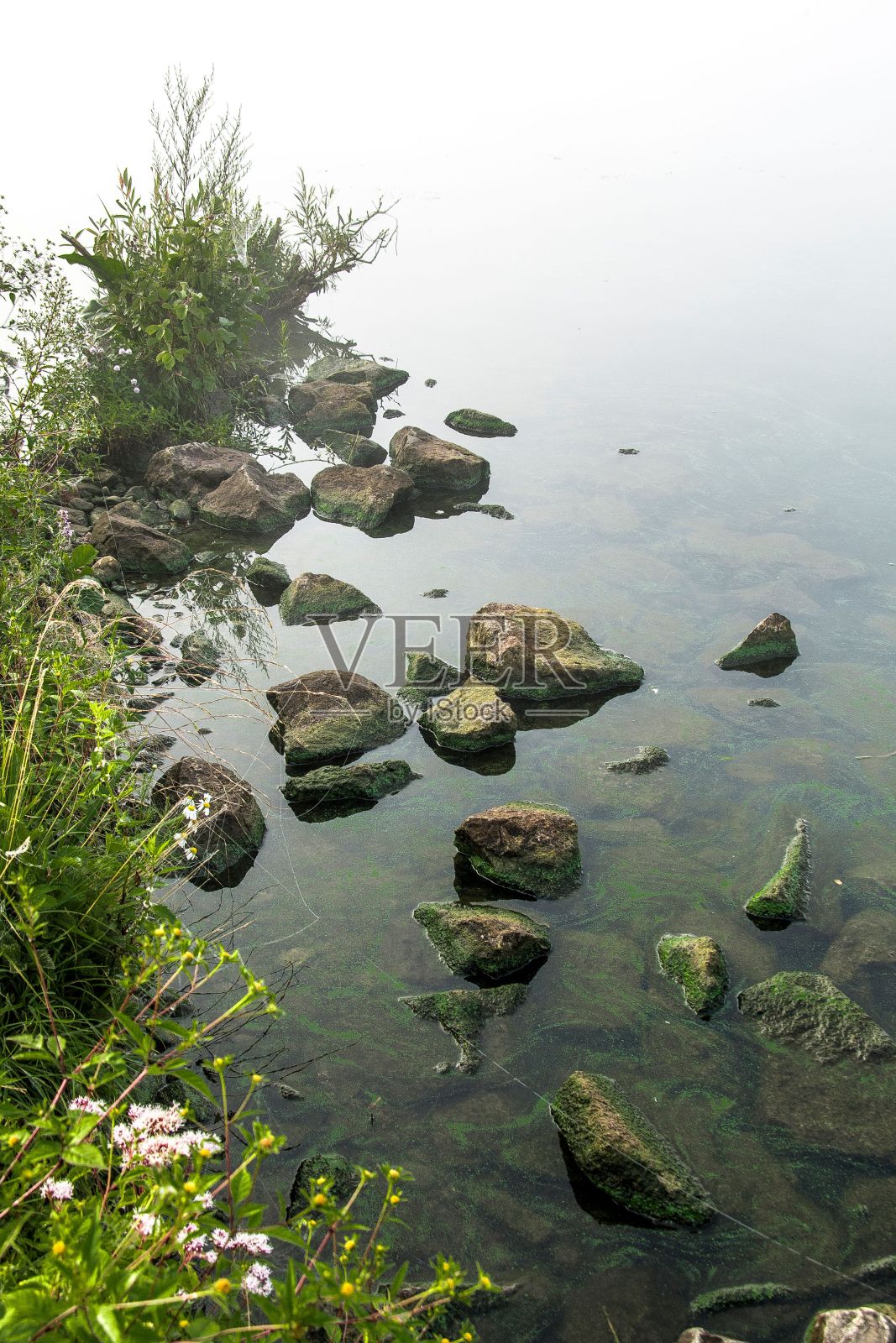 阴天宁静的湖岸上的垂直岩石照片摄影图片
