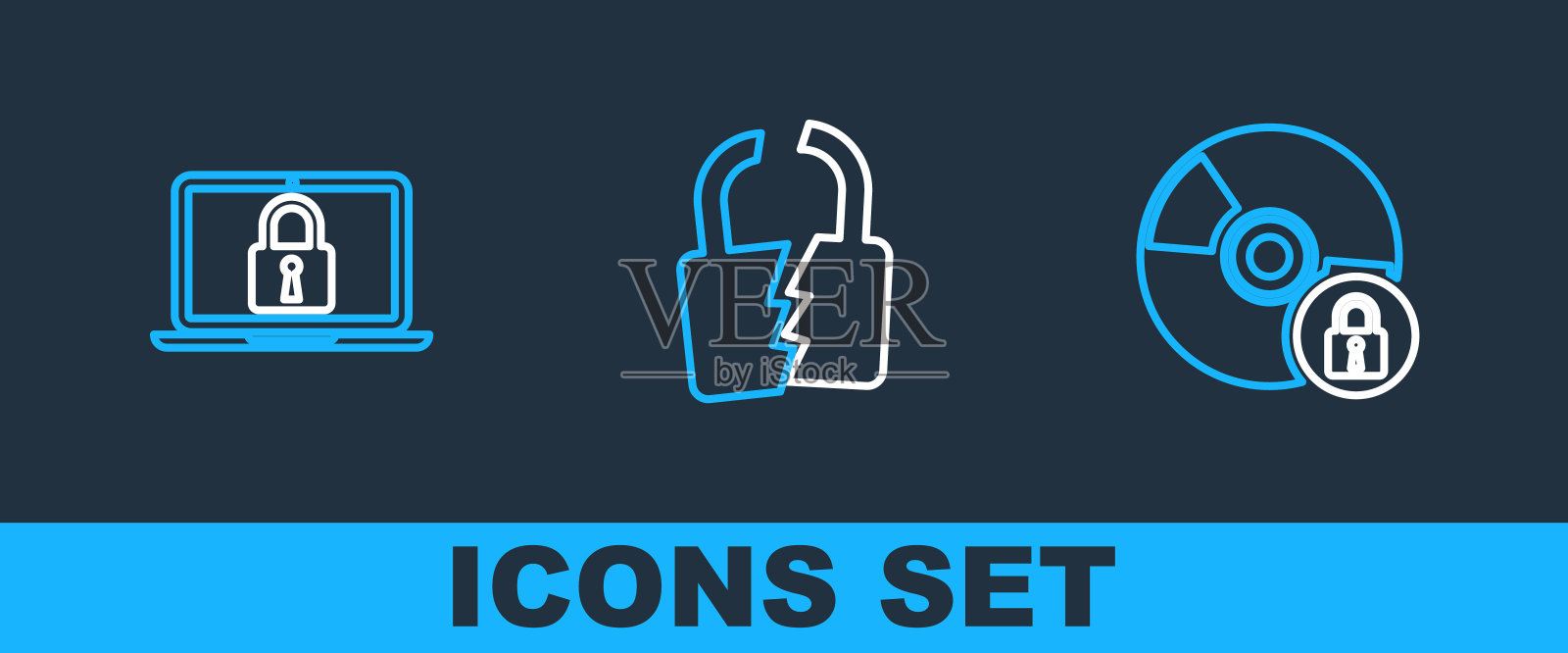 设置线CD或DVD磁盘与锁,笔记本电脑和和破碎的破解图标。向量图标素材