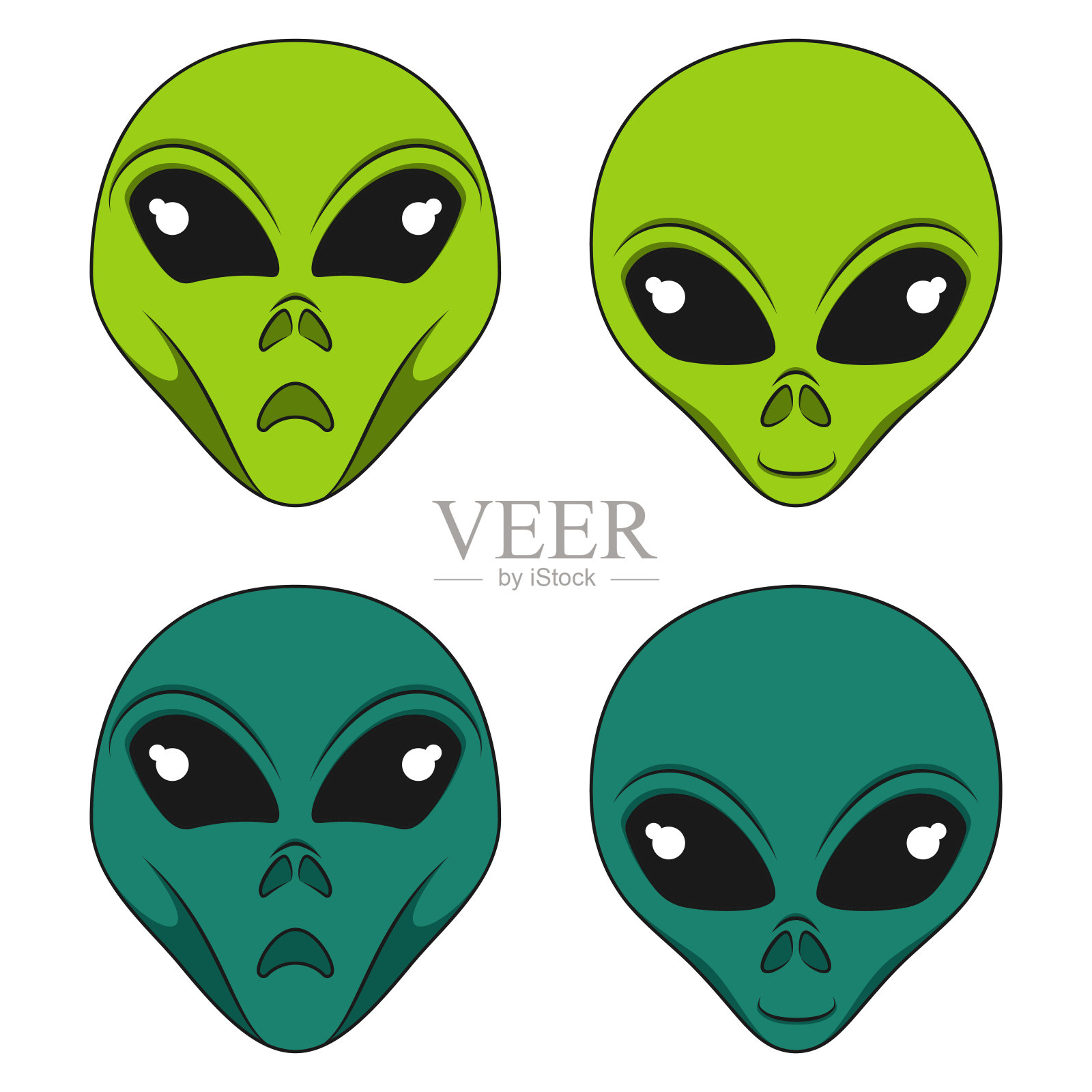 一套彩色插图与外星人的脸。孤立的矢量对象。插画图片素材