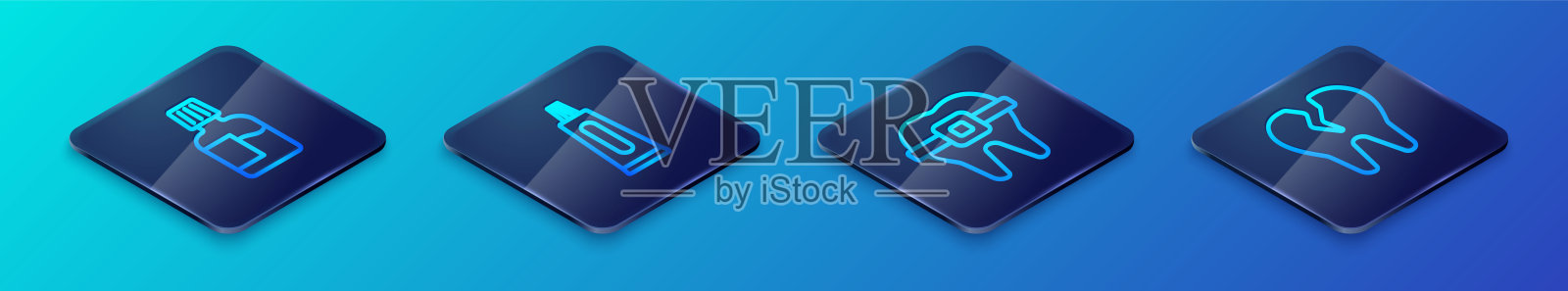 设置等距线牙齿与牙套,漱口水,破碎的牙齿和牙膏管图标。向量图标素材