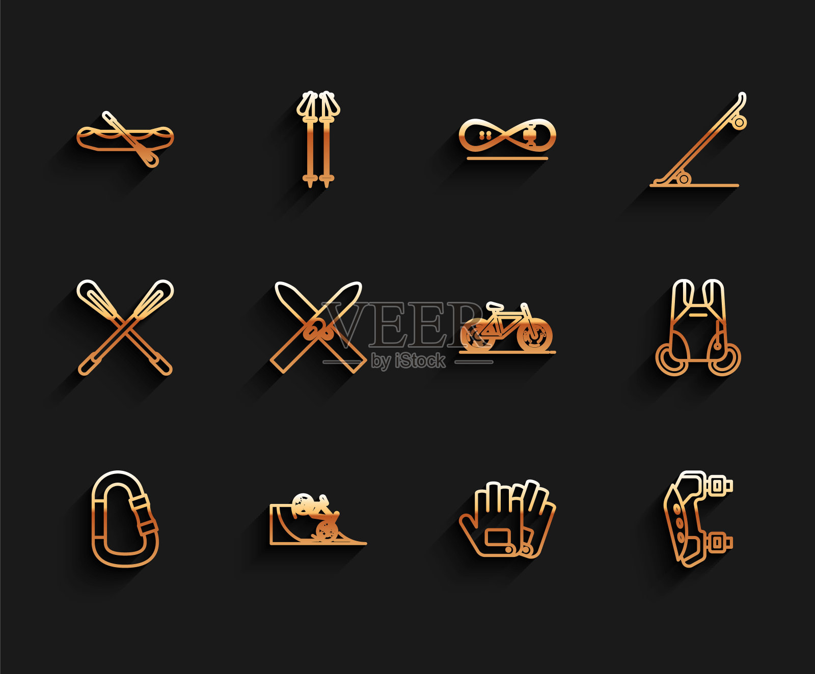 固定线锁扣,自行车在街道坡道,漂流船,手套,护膝,滑雪和棍棒,降落伞和图标。向量图标素材