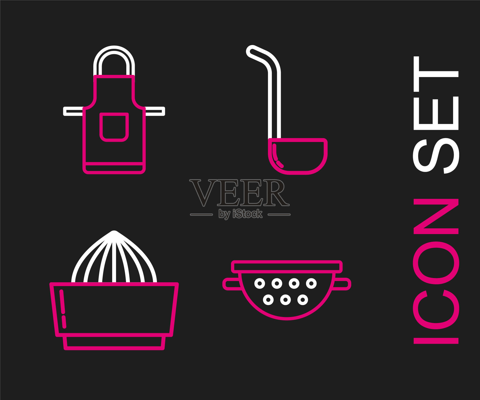 设置线厨房滤嘴,柑橘果汁机,勺子和围裙图标。向量图标素材