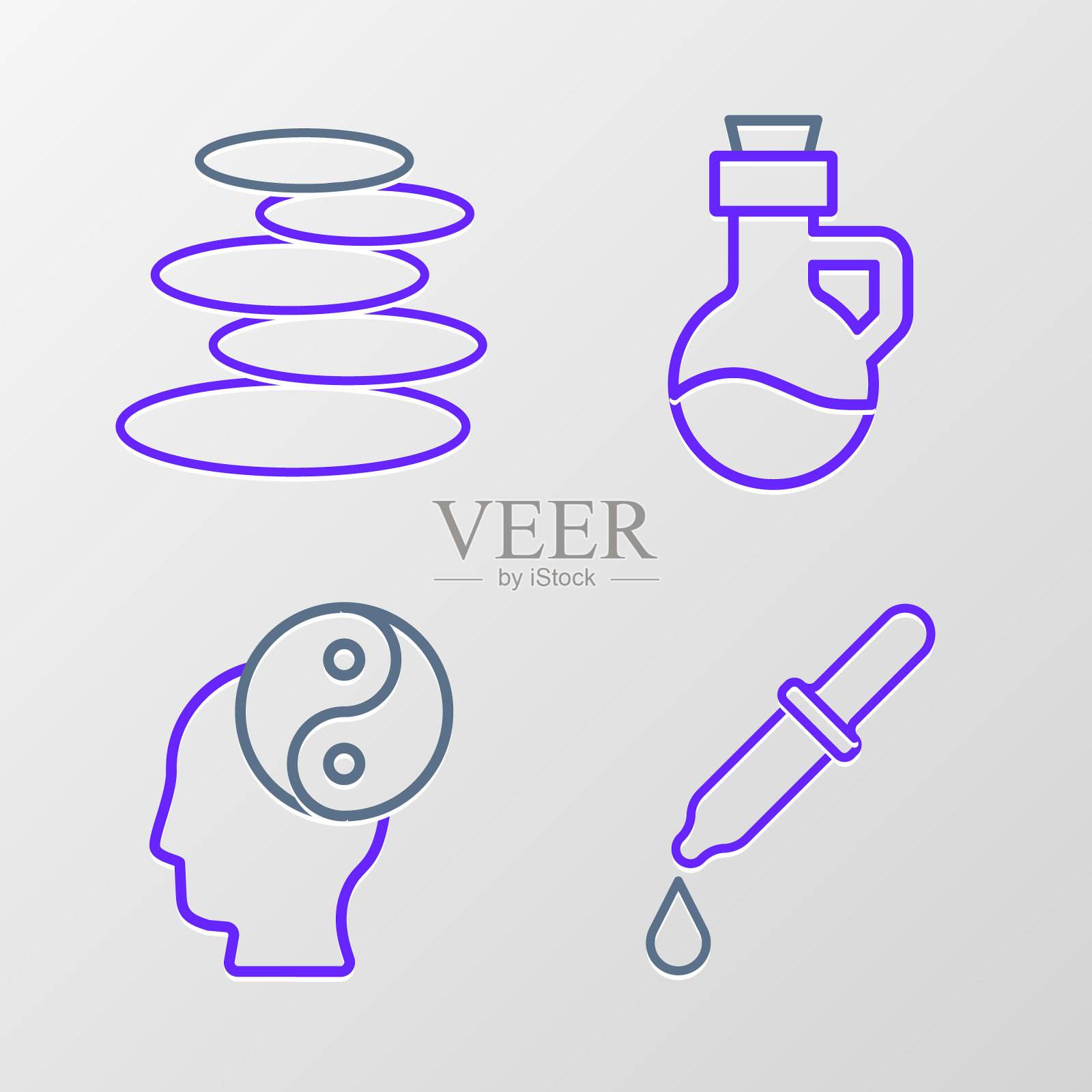 设置线移液器,阴阳,精油瓶和堆叠热石图标。向量图标素材