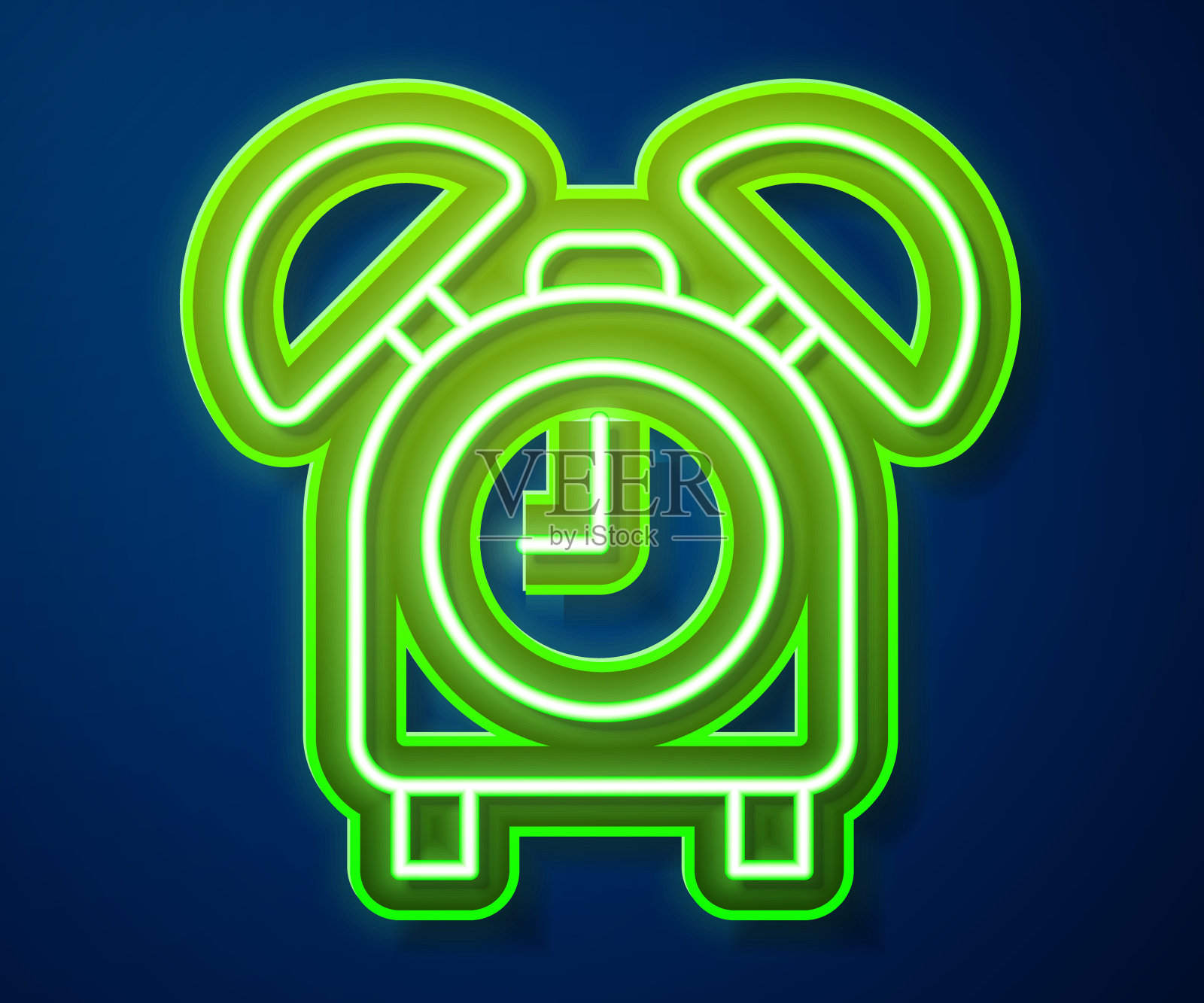 发光的霓虹灯线闹钟图标孤立的蓝色背景。起床,起床的概念。时间信号。向量插画图片素材