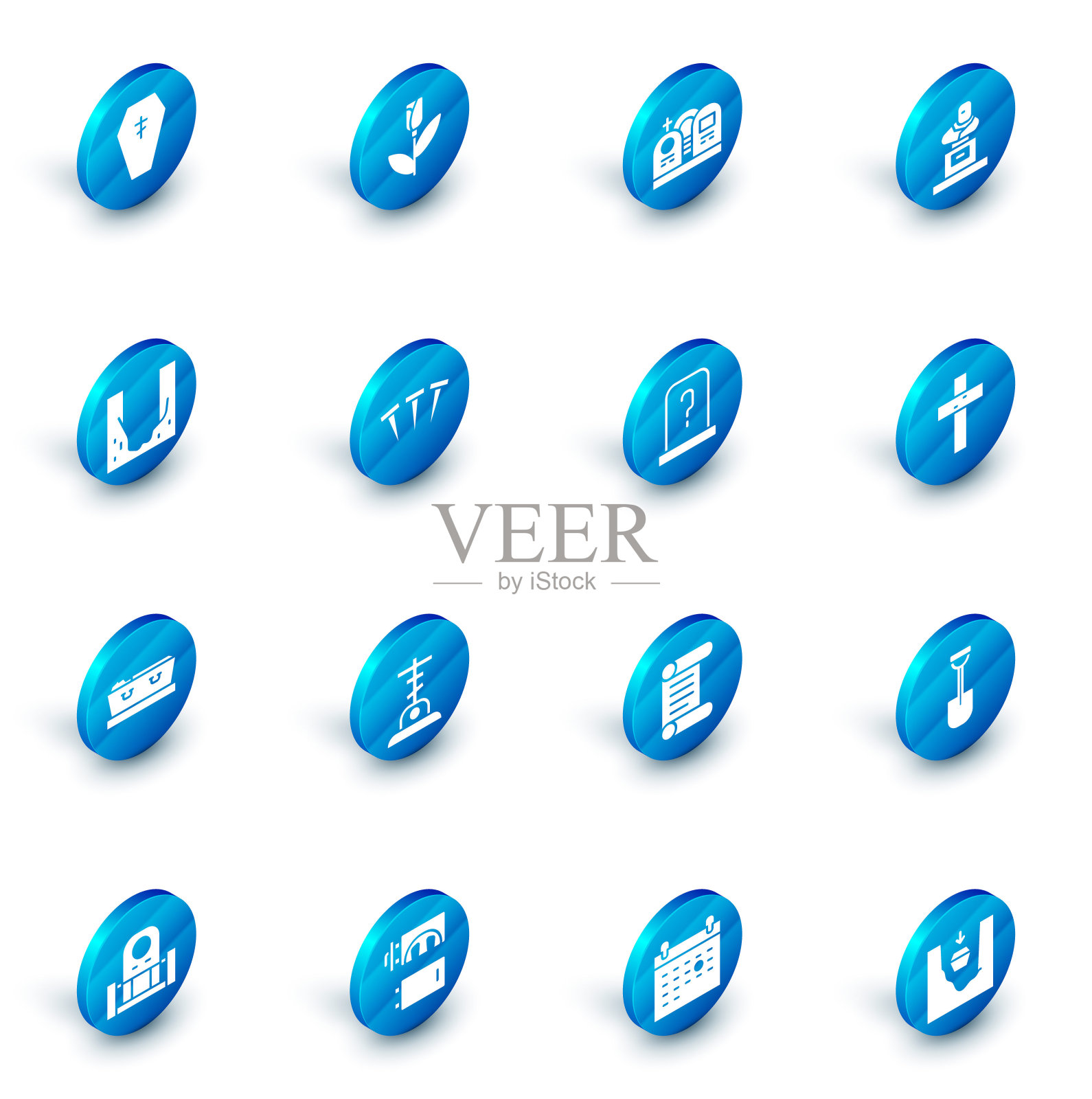 套装花玫瑰,坟墓与墓碑,墓地挖墓洞,棺材死者,金属钉,基督教十字架和图标。向量图标素材