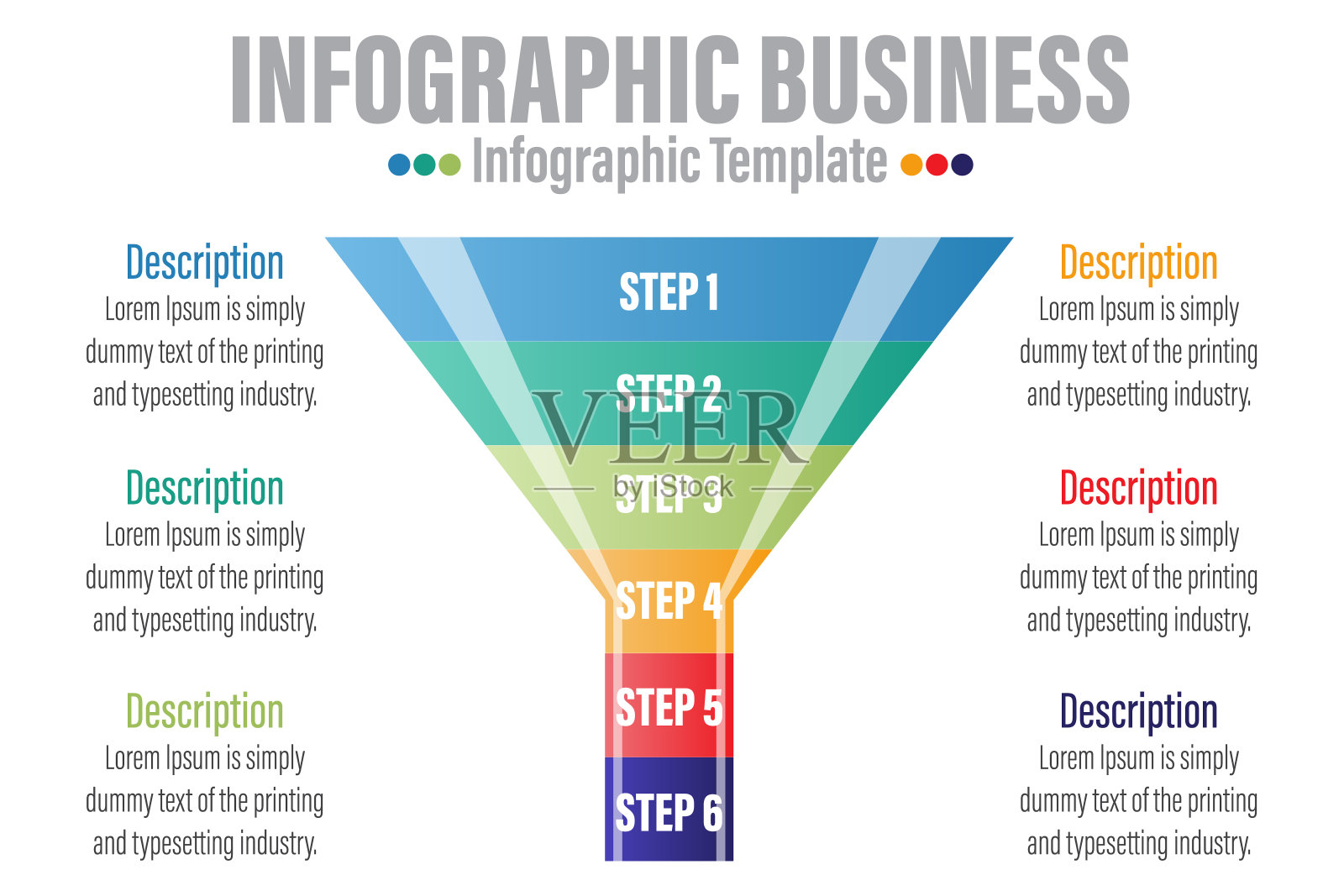 信息图漏斗块图概念幻灯片演示与六个6步骤,六个6选项,六个6点列表和漏斗形状锥体锥形方向插画图片素材