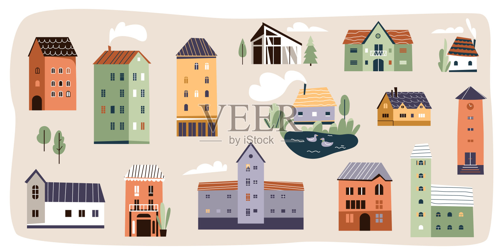 房子设置矢量插图。小建筑为城市或乡村设计在时尚的现代平面卡通风格。可爱的斯堪的纳维亚色彩的城市景观插画图片素材