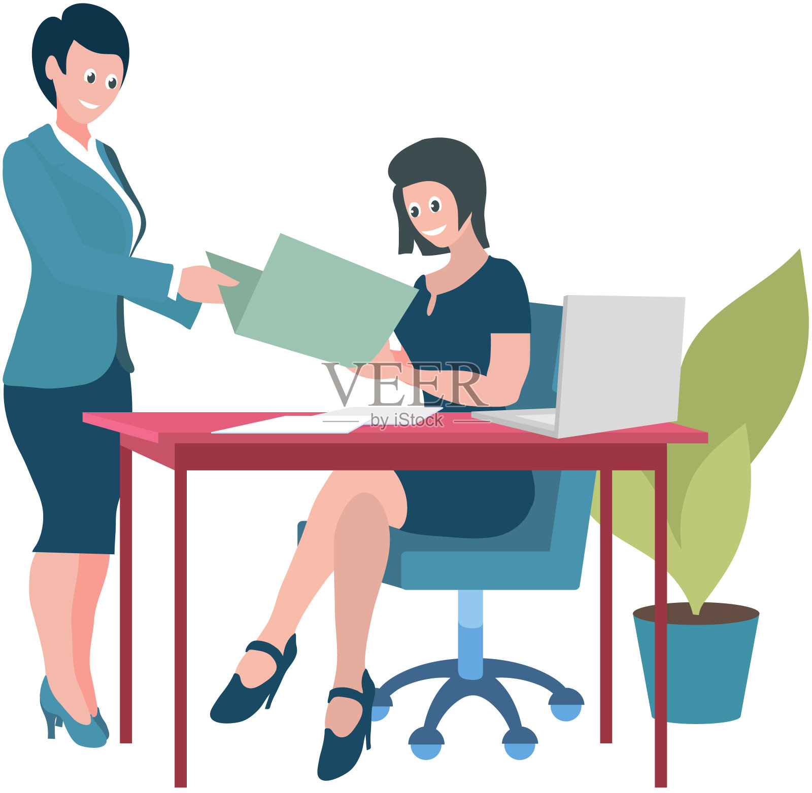 女人坐在桌边交流。同事们在工作时花时间在一起讨论文件插画图片素材