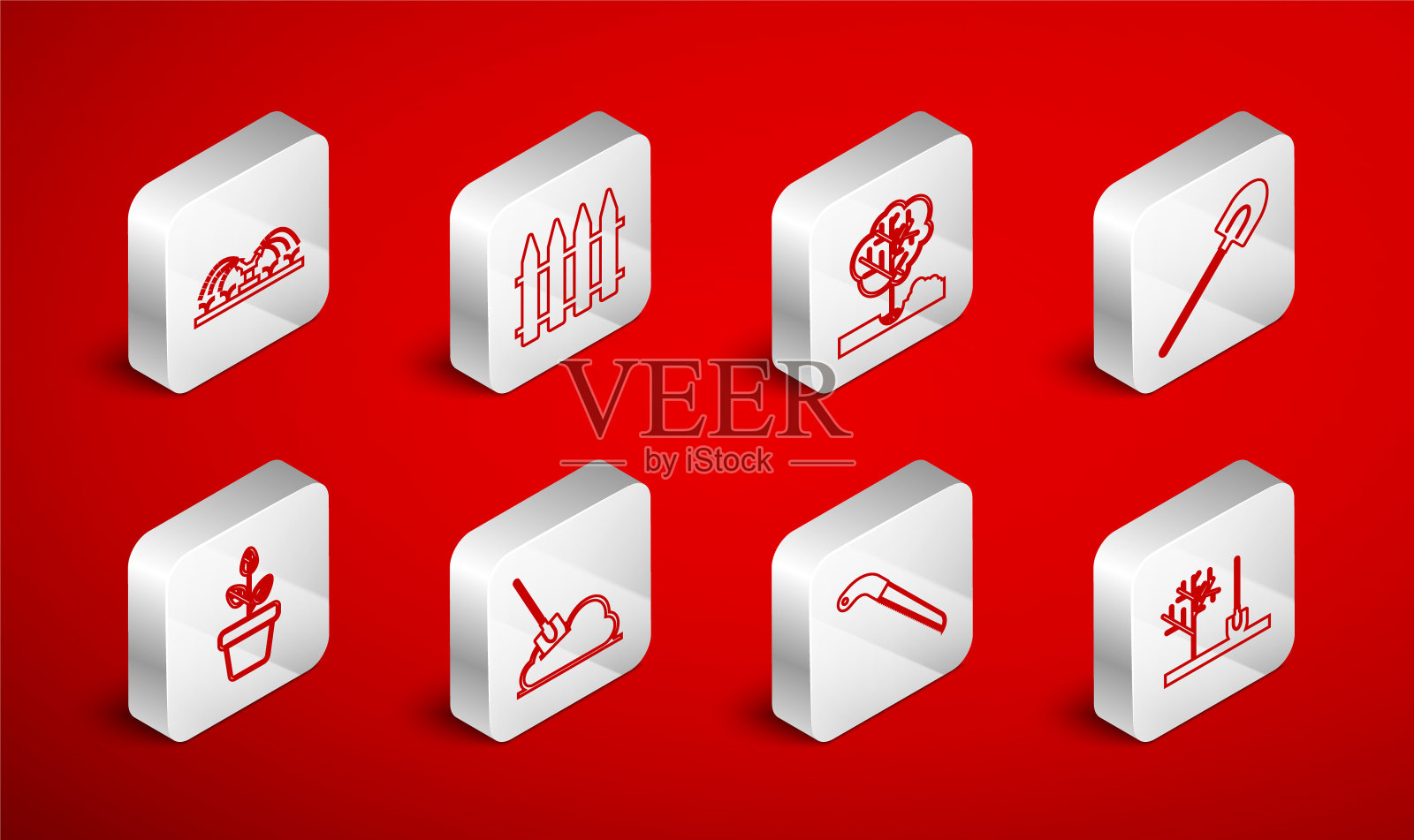 在地面种植树木,花园围栏,铲子,锯,自动灌溉洒水器,铲子和花盆图标。向量图标素材