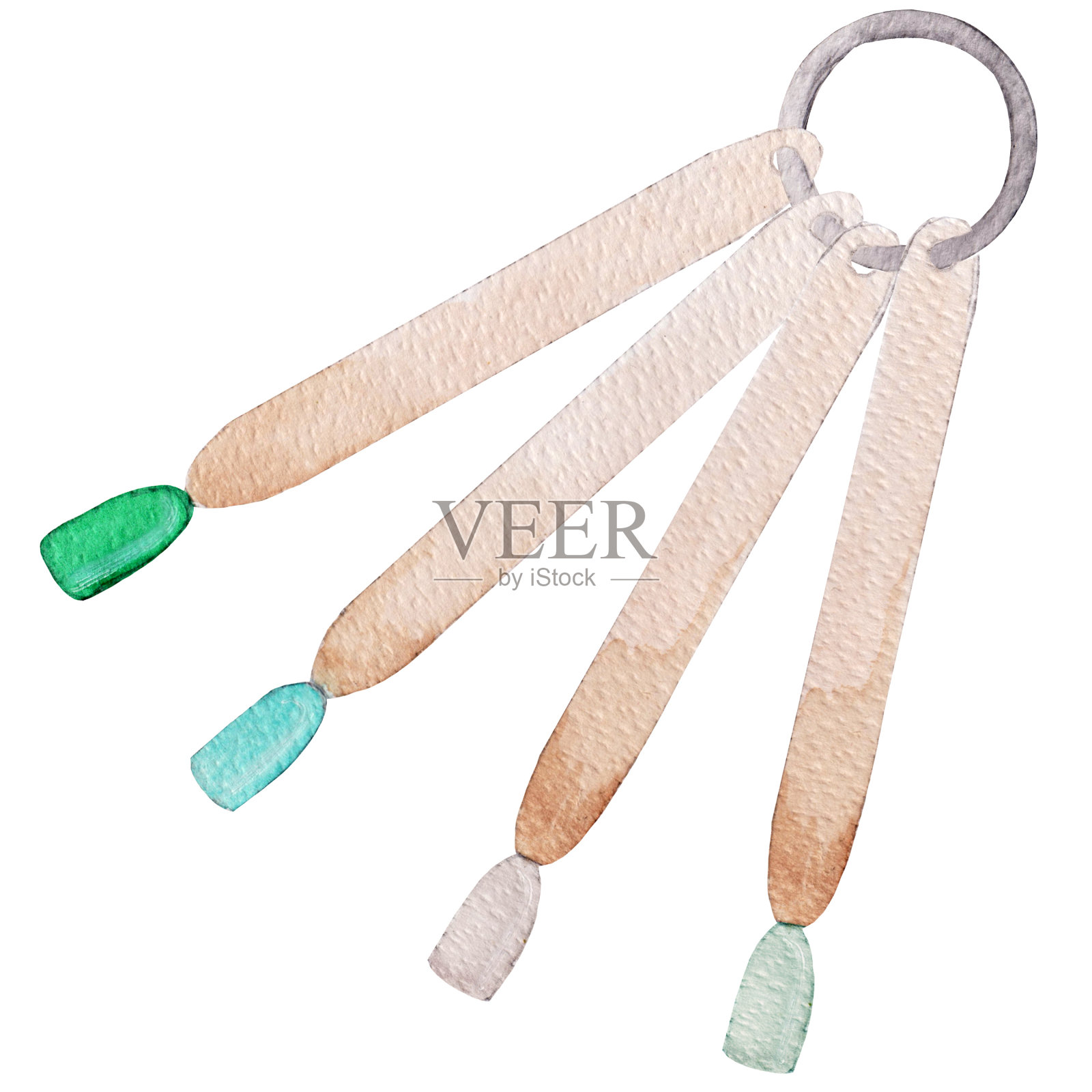 水彩美容元素,测试仪与各种颜色的指甲油隔离在白色的背景。插画图片素材