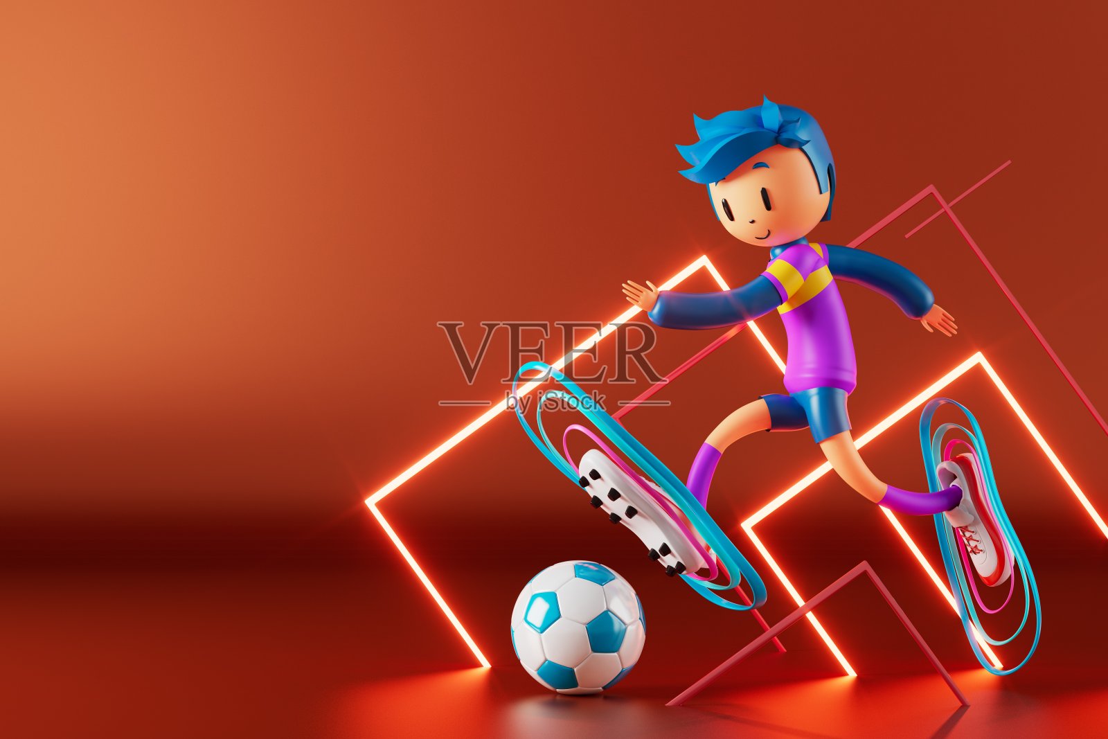 3D男孩角色足球运动员在足球行动。3 d演示。运动背景概念。男人踢运动。体育动作人。图形壁纸。卡通游戏足球。创意海报布局照片摄影图片