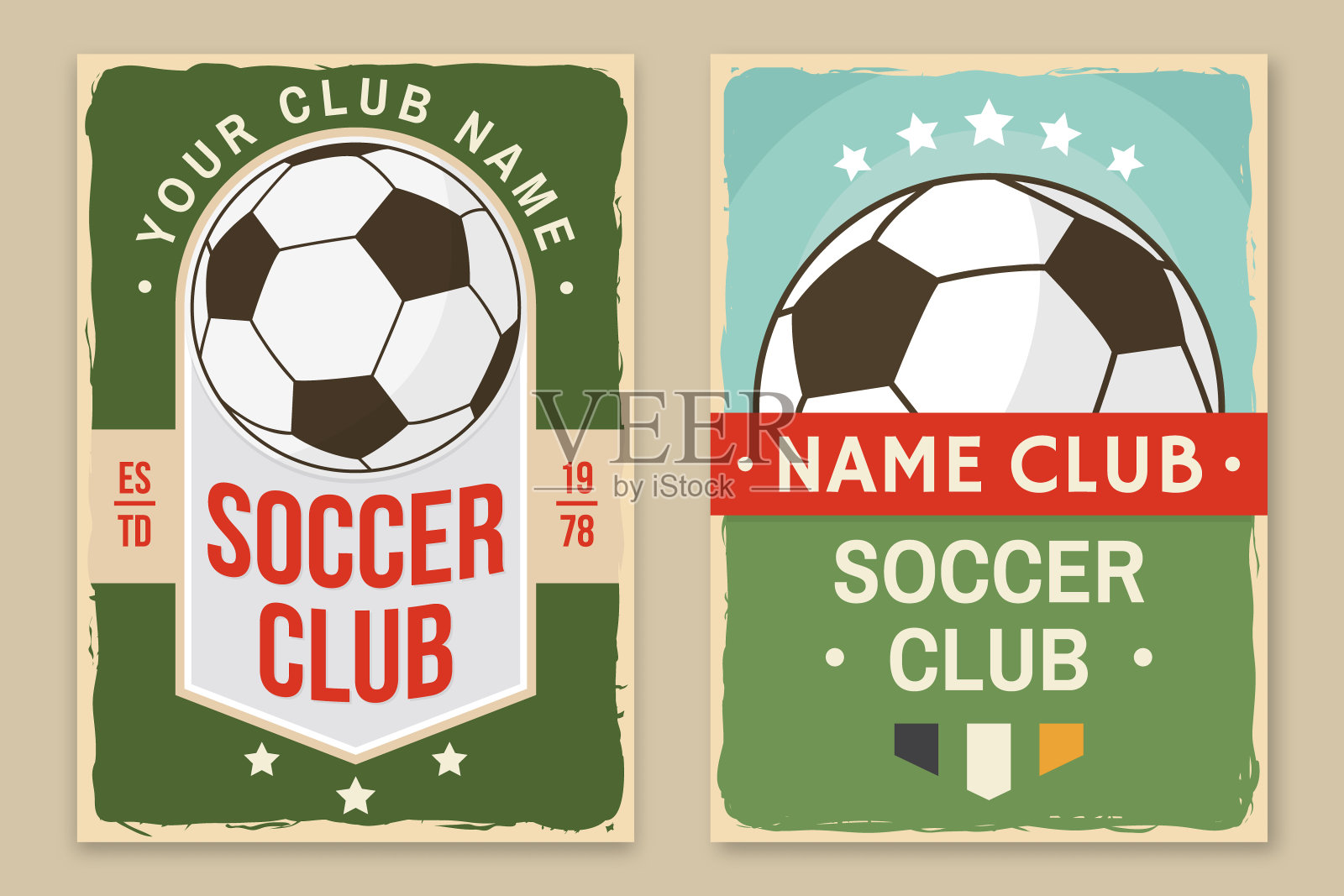 一套足球、足球俱乐部复古海报、横幅设计。矢量插图。为足球俱乐部运动设计与足球和足球运动员的轮廓。插画图片素材
