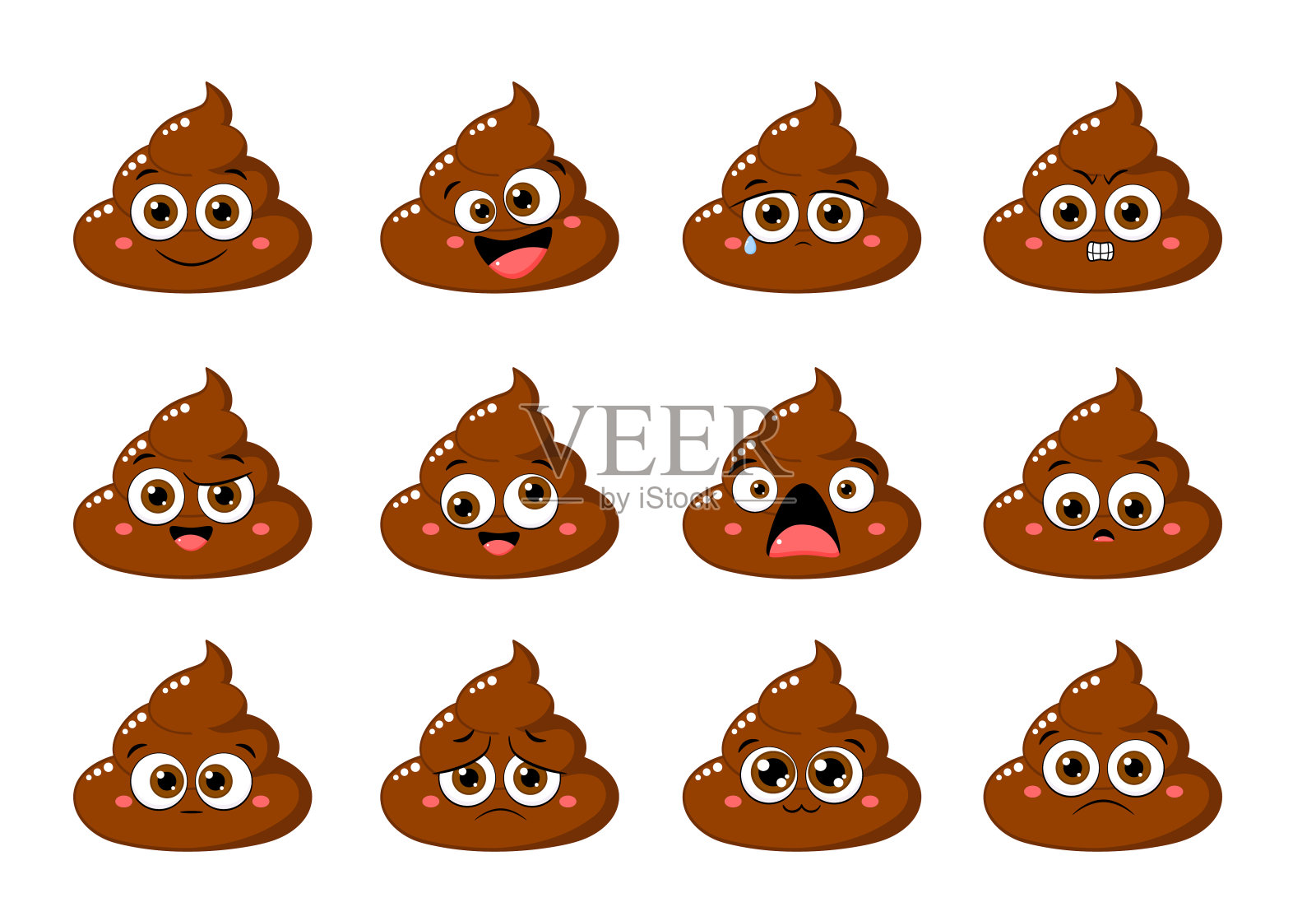 收集可爱有趣的便便与不同的心情。一组不同表情的卡通便便表情-快乐,悲伤,哭泣,恐惧,疯狂插画图片素材