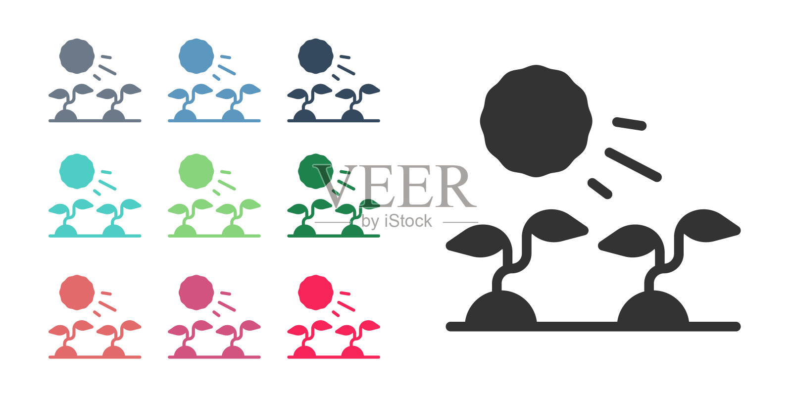 黑色植物发芽生长在太阳图标孤立的白色背景。幼苗的概念。设置图标彩色。向量插画图片素材