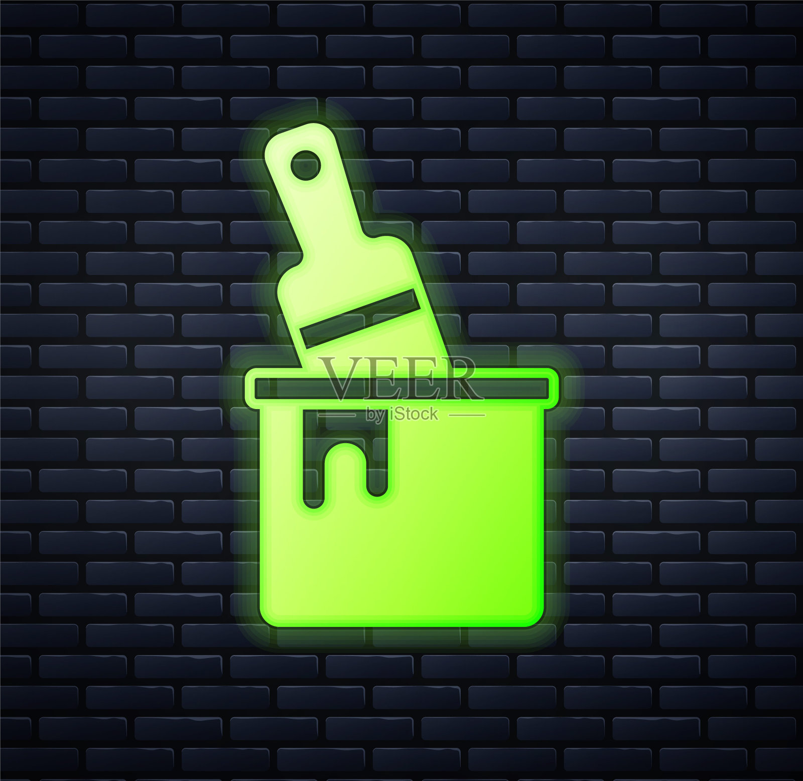 发光的霓虹灯油漆桶与刷图标隔离在砖墙背景。向量插画图片素材