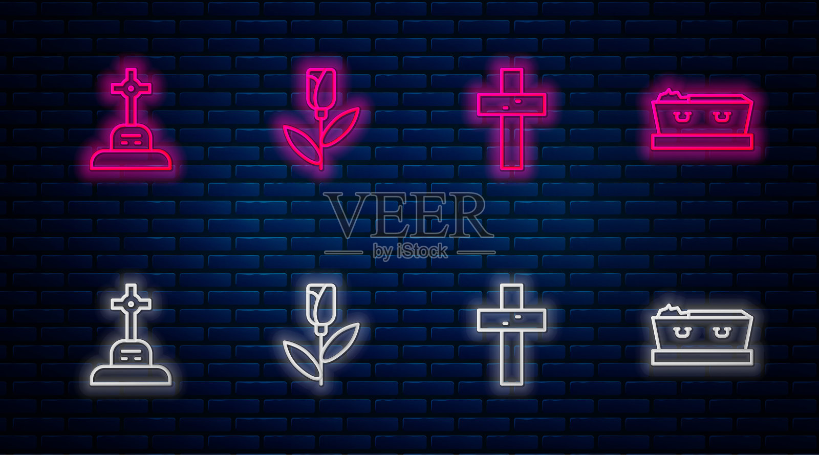 花玫瑰,基督十字架,坟墓与棺材。砖墙上发光的霓虹灯图标。向量插画图片素材