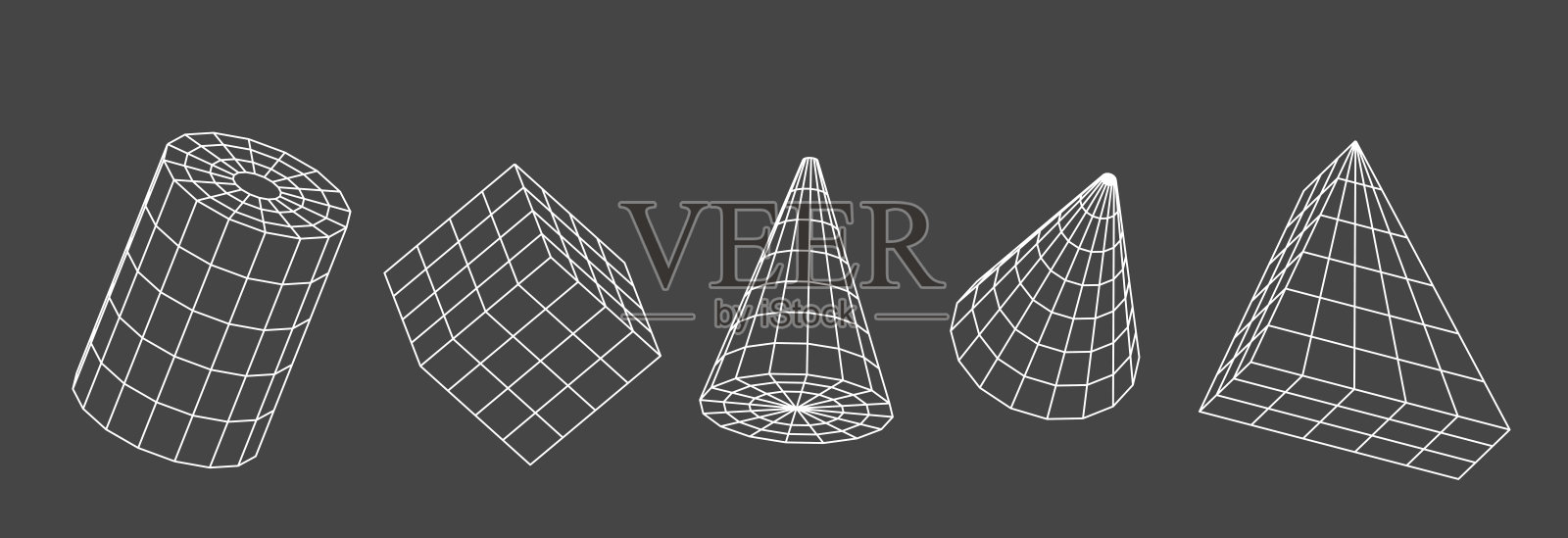 线框几何形状3d渲染。从线网格中抽象数字对象。多边形图形的圆柱、立方体、方框、锥体、三角形、孤立轮廓图形元素、图标集照片摄影图片
