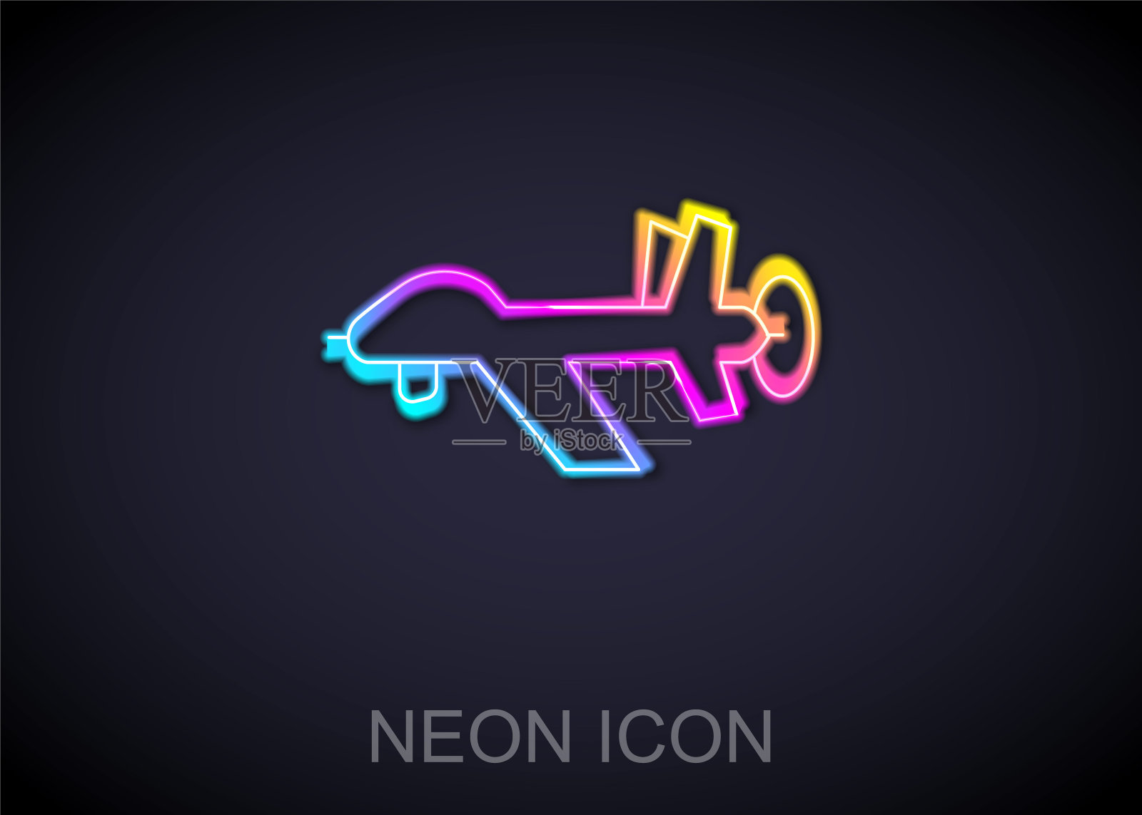 发光的霓虹线无人机无人机图标孤立的黑色背景。军用无人机间谍。向量图标素材