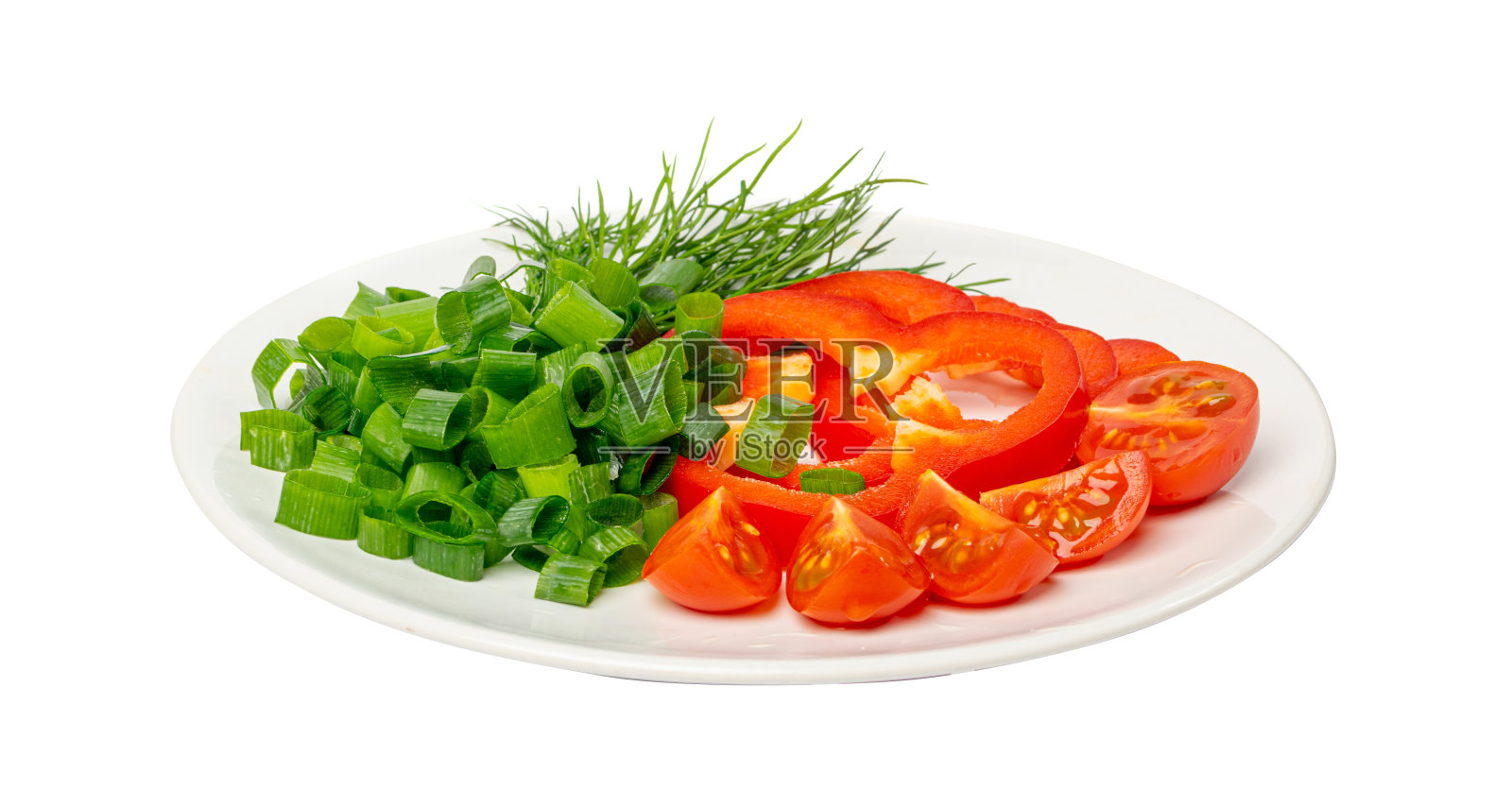 切碎的葱,莳萝和甜椒,绿色和蔬菜切盘隔离,春天的蔬菜照片摄影图片
