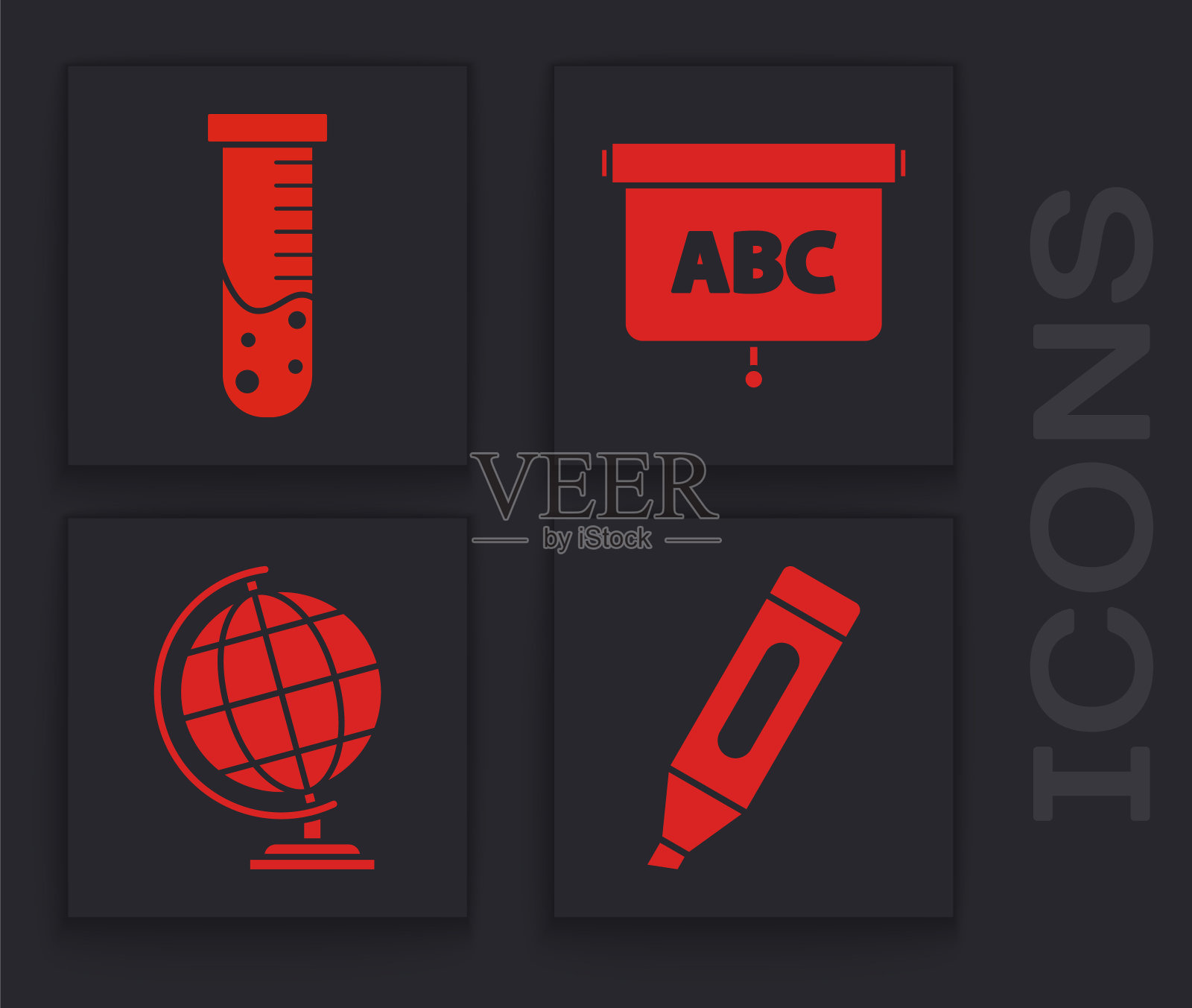 设置记号笔,试管和烧瓶化学实验室,黑板和地球的图标。向量图标素材