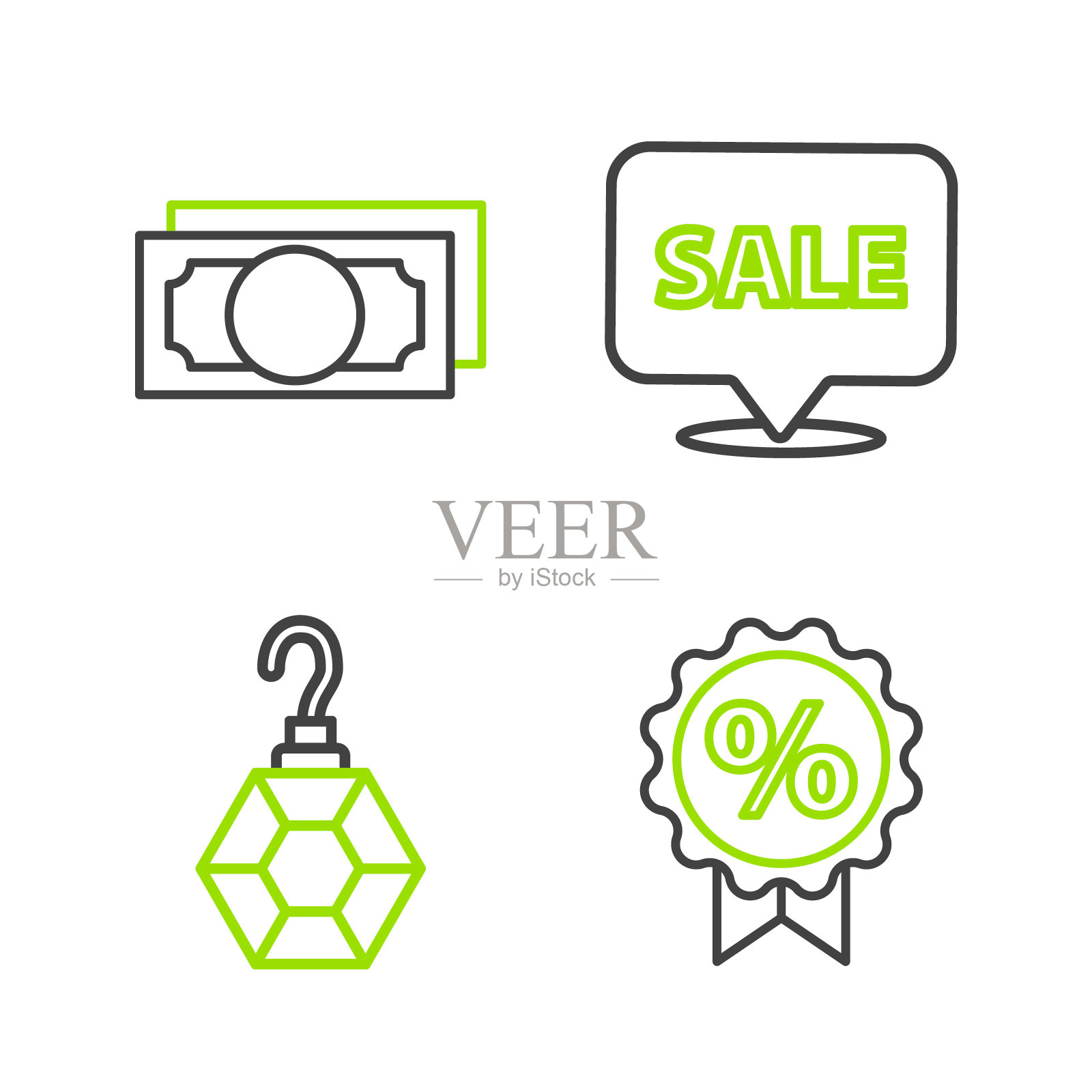 设置线折扣百分之标签,耳环,悬挂标志与销售和堆栈纸币现金图标。向量图标素材