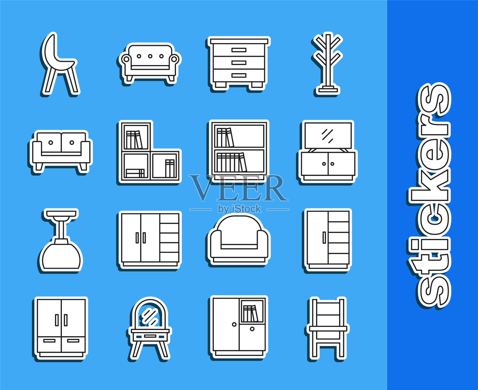 集线椅子,衣柜,电视桌架,家具床头柜,书架,沙发,扶手椅和图书馆书架图标。向量图标素材