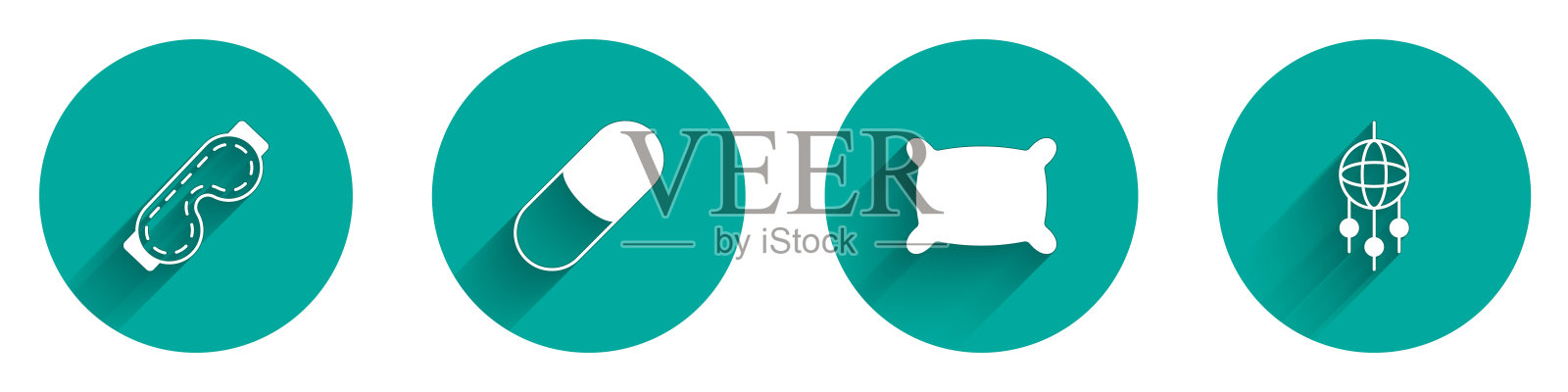 设置眼睛睡眠眼罩,安眠药,枕头和捕梦网与羽毛图标长阴影。向量图标素材