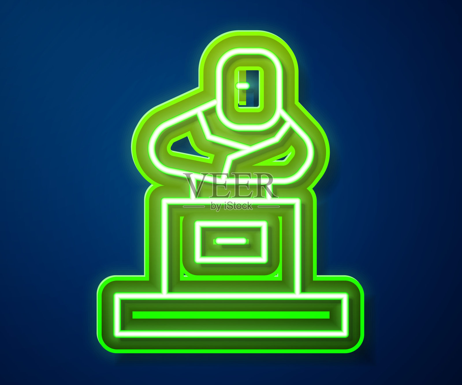 发光的霓虹灯线坟墓与墓碑图标隔离在蓝色背景。向量插画图片素材