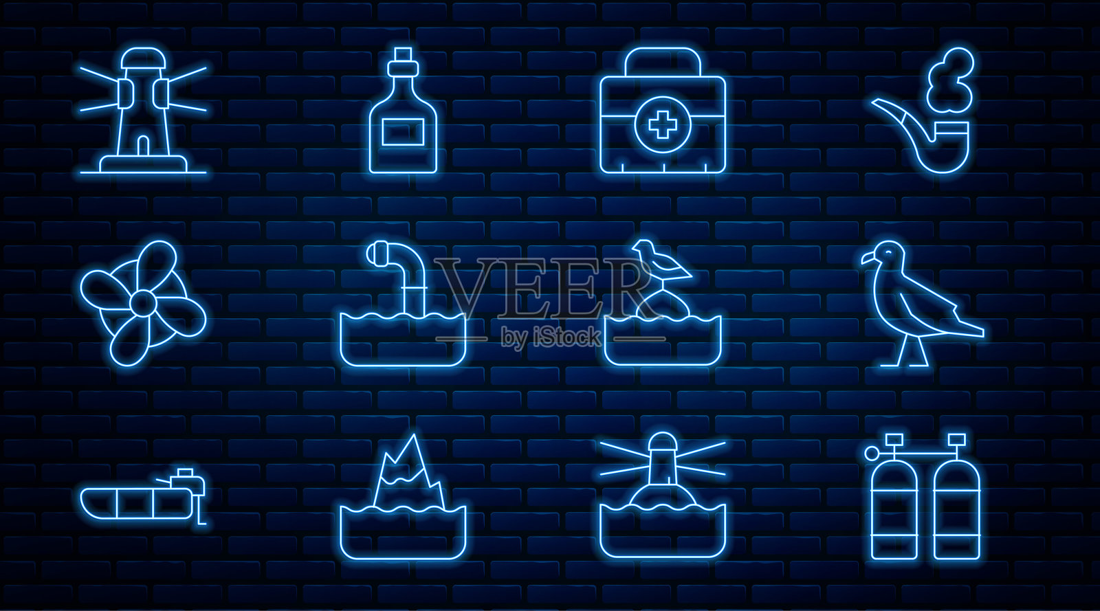 设线潜水器,鸟海鸥,急救箱,潜望镜,船螺旋桨,灯塔,海鸥坐在浮标和朗姆酒瓶图标。向量图标素材