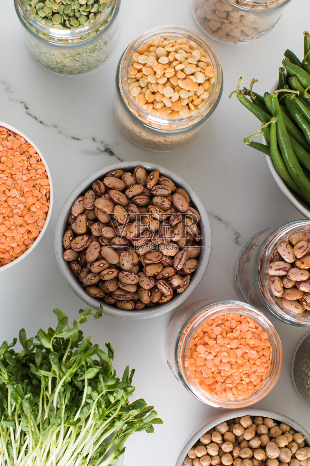 纯素蛋白质来源。植物性饮食的概念,素食主义。从上面看。照片摄影图片