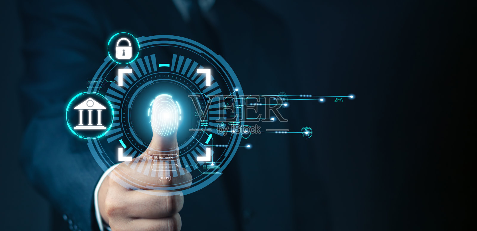 用户在线安全检查系统。商人使用生物识别指纹进入认证系统,使用网上账户进行交易。未来技术的安全性。照片摄影图片