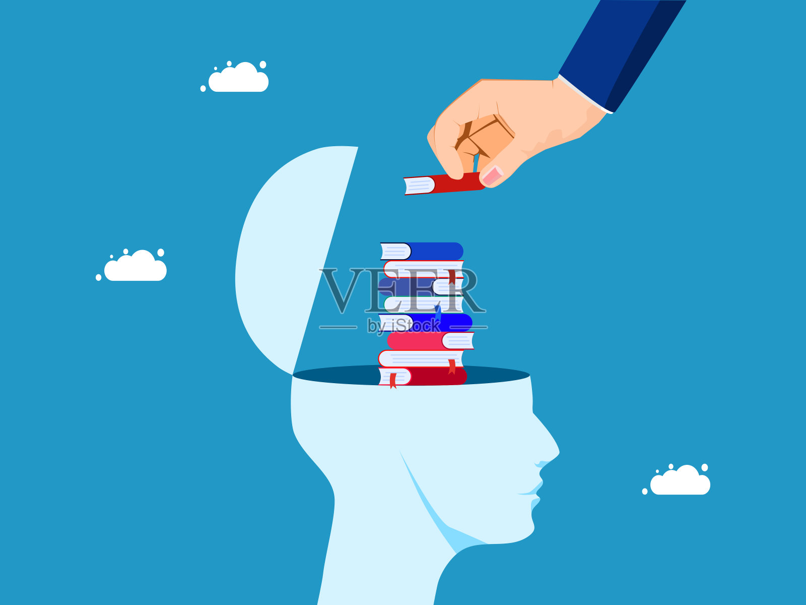 学习的概念。一堆书在人的头上,商人的手拿着书插画图片素材