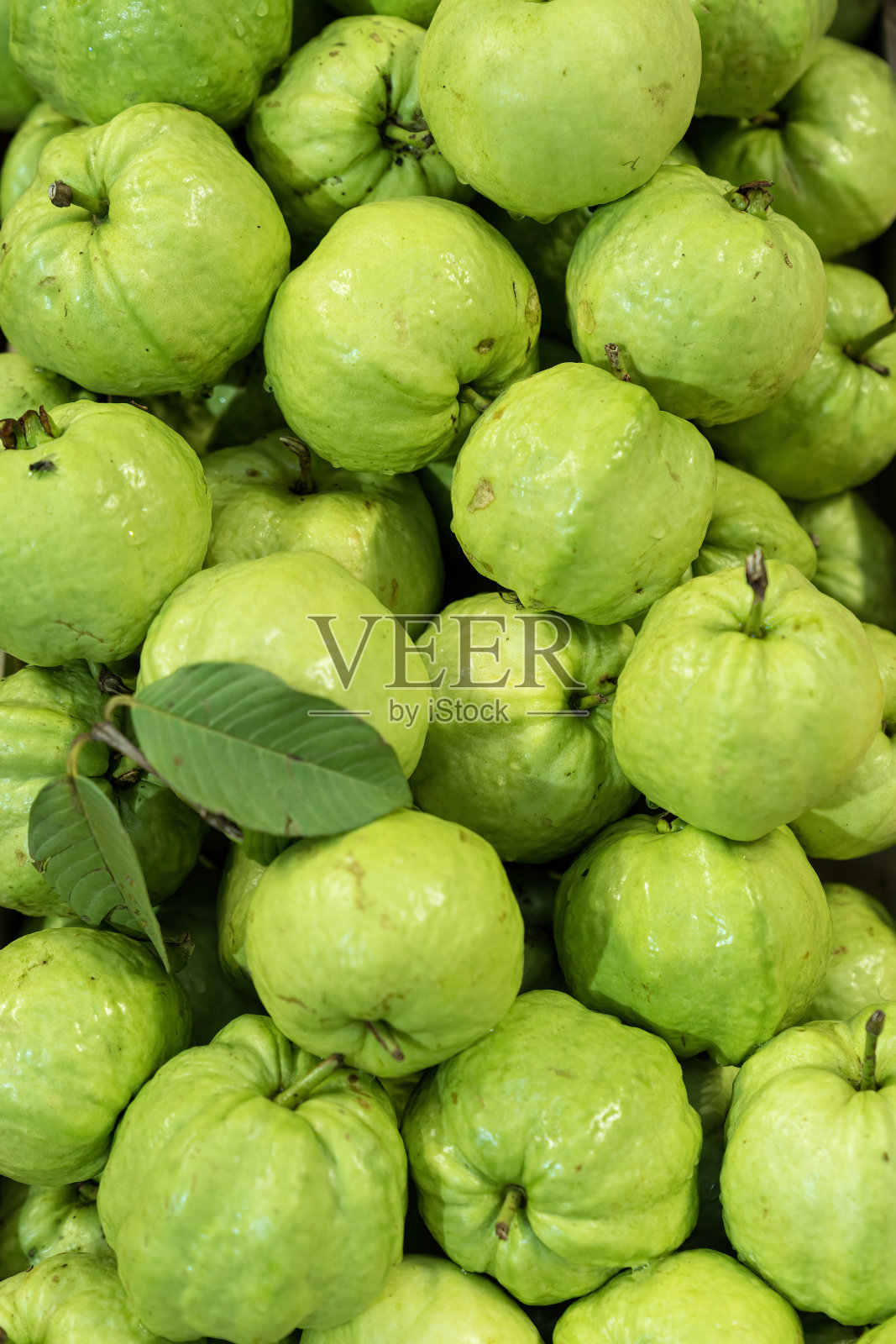 食品的背景。美味的水果在市场上出售。特写新鲜番石榴。很多番石榴。照片摄影图片