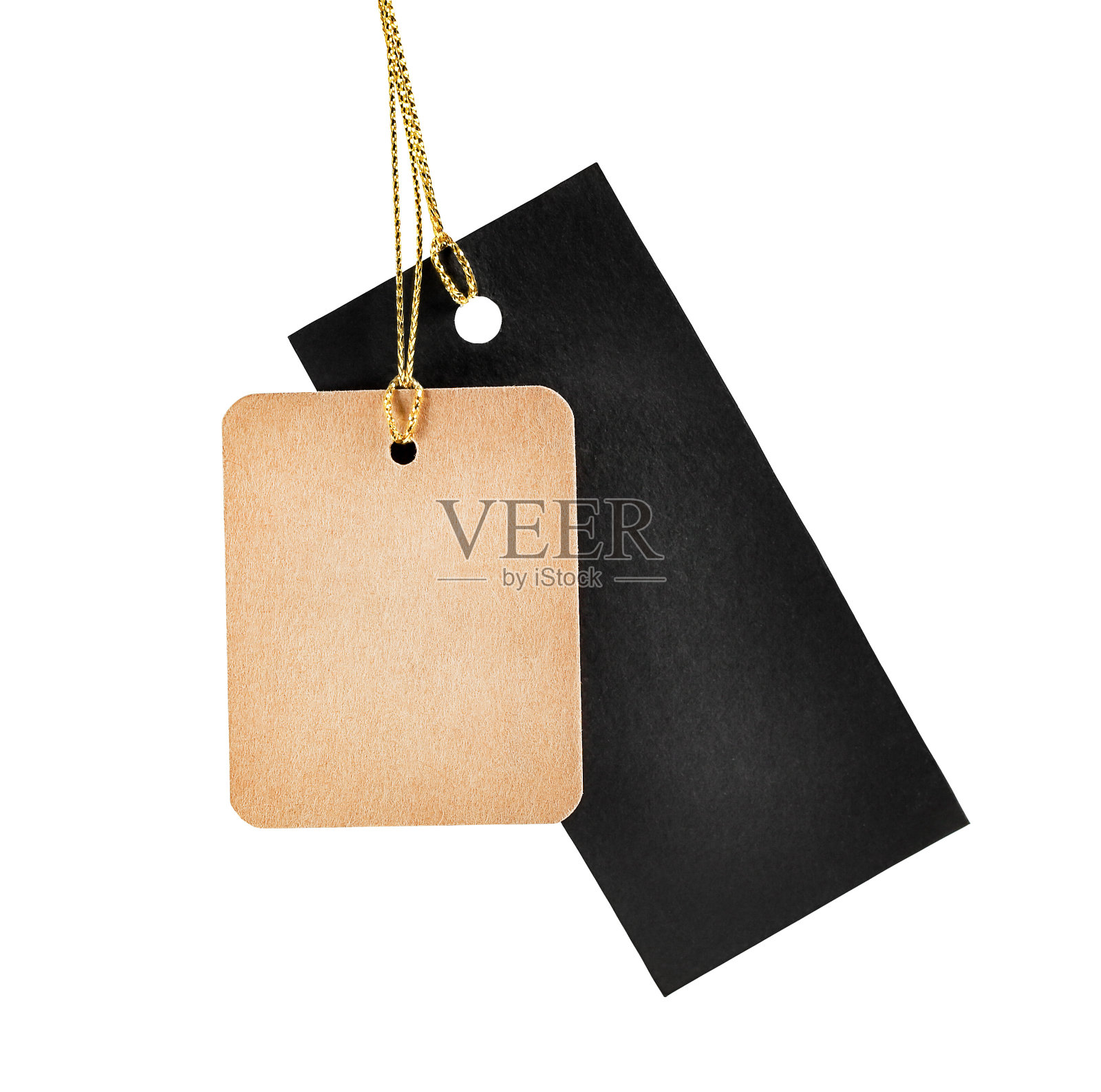 一个黑色和一个棕色的标签与一个金色的mount突出显示在一个白色的背景照片摄影图片