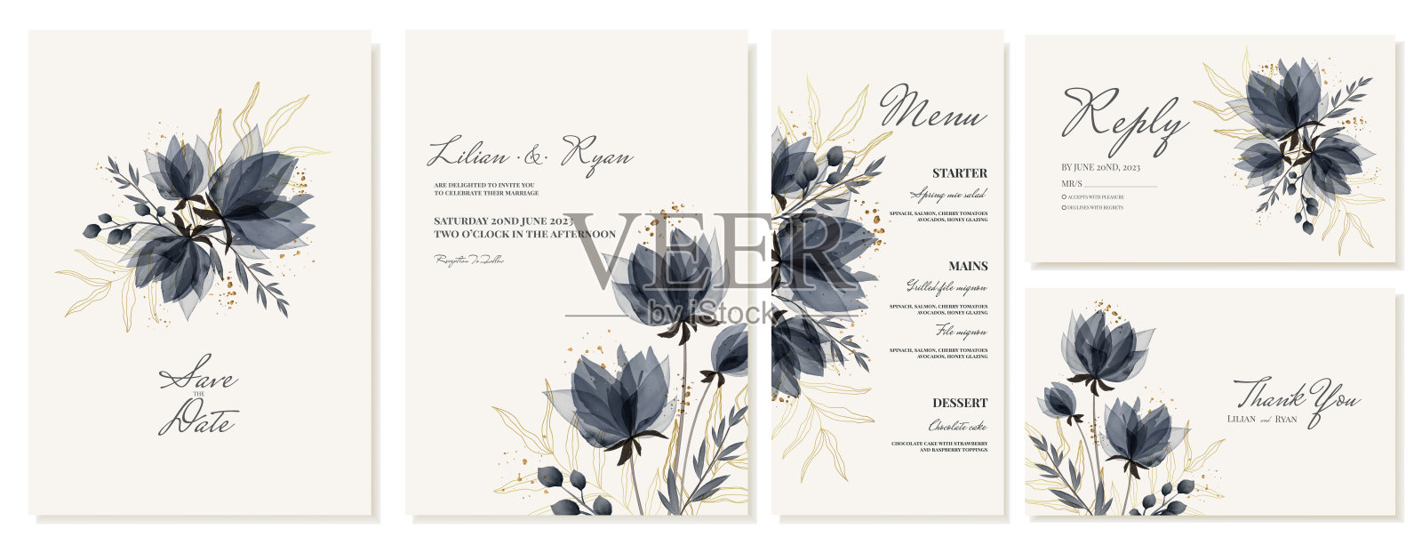 婚礼请柬,感谢卡和菜单用灰色蓝色水彩优雅的花朵和金色的树枝。向量模板插画图片素材