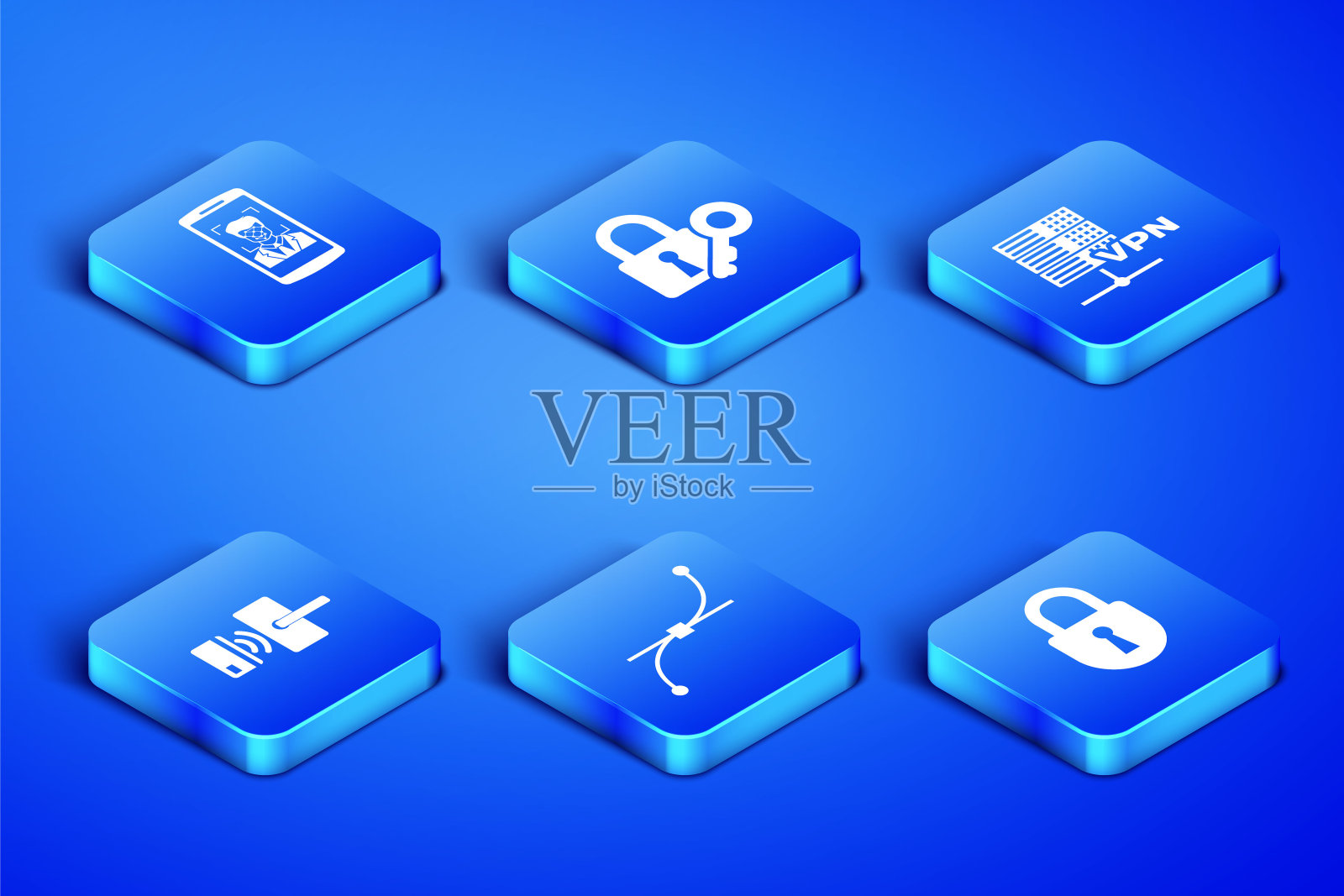 集锁,移动和人脸识别,贝塞尔曲线,无线数字门锁,钥匙和服务器VPN图标。向量图标素材