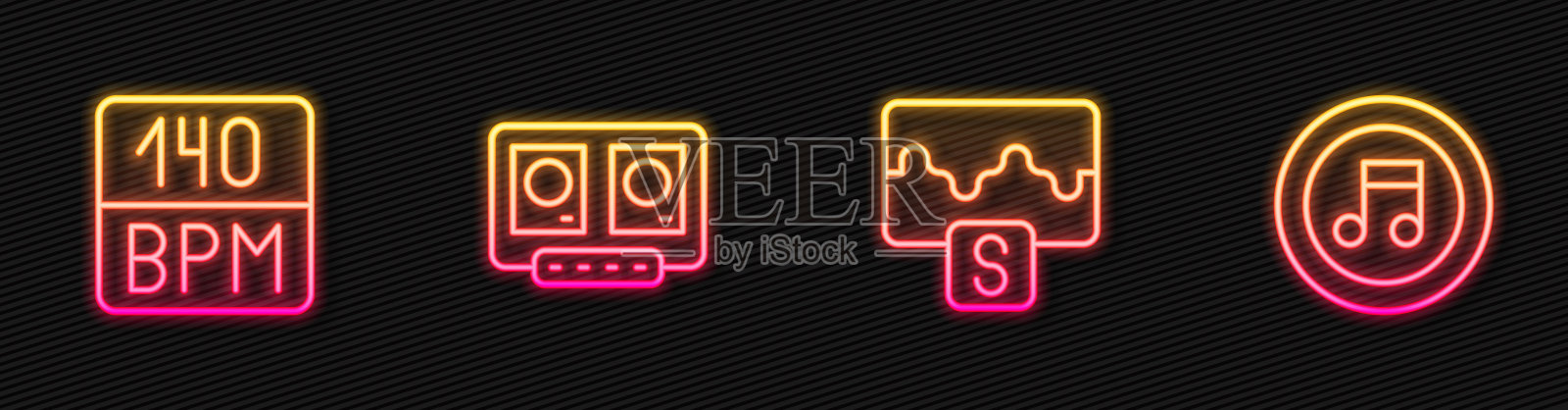 设置线音乐波均衡器,比特率,DJ远程和混合音乐和音符,音调。发光的霓虹灯图标。向量图标素材
