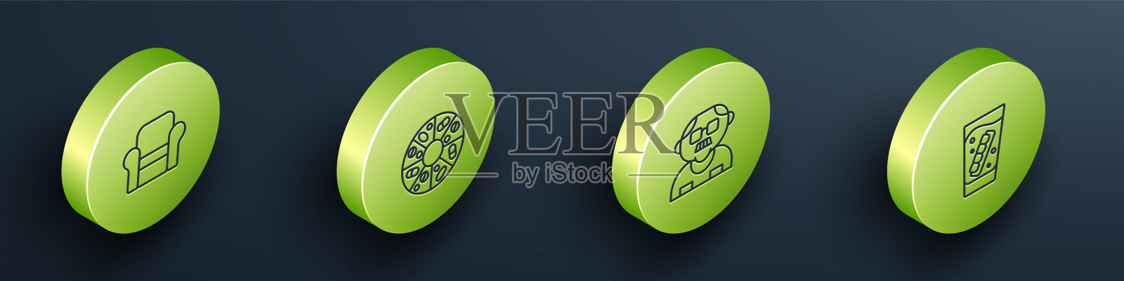 集等距线扶手椅,维生素丸,祖父和假下巴玻璃图标。向量图标素材