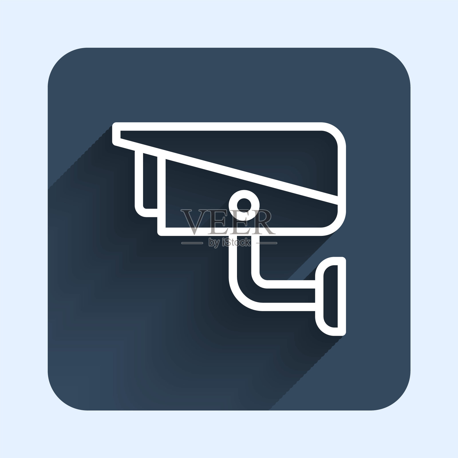 白线安全摄像头图标孤立与长阴影背景。蓝色方形按钮。向量插画图片素材